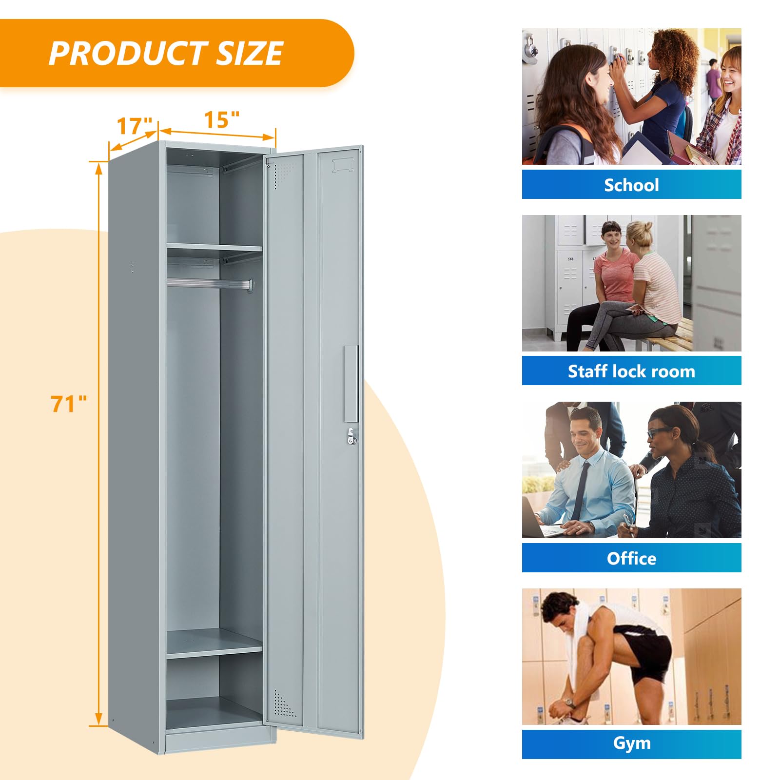 STANI Heavy Duty Metal Locker with Lock - Secure Steel Storage Cabinet for Home, Gym, School & Office - Employee Lockers, Tall Storage Locker for Clothes, Shoes & Equipment (Ideal for Lockers Rooms, Workplaces & Fitness Centers)