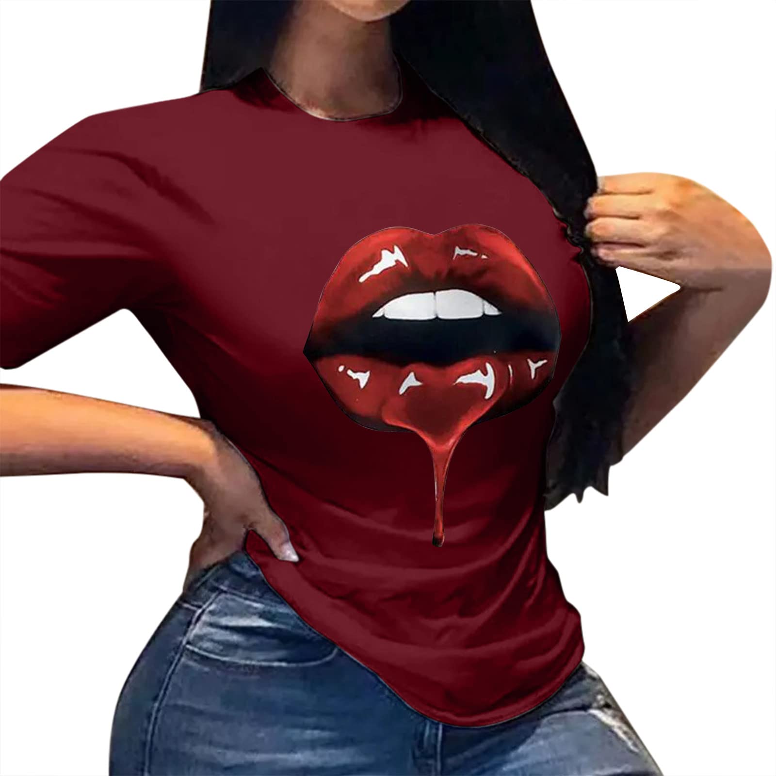 Women's Casual Short Sleeve T-Shirt - Lip Print Round Neck Blouse for Everyday Wear | Perfect for Summer Outfits, Office Casual & Weekend Street Style