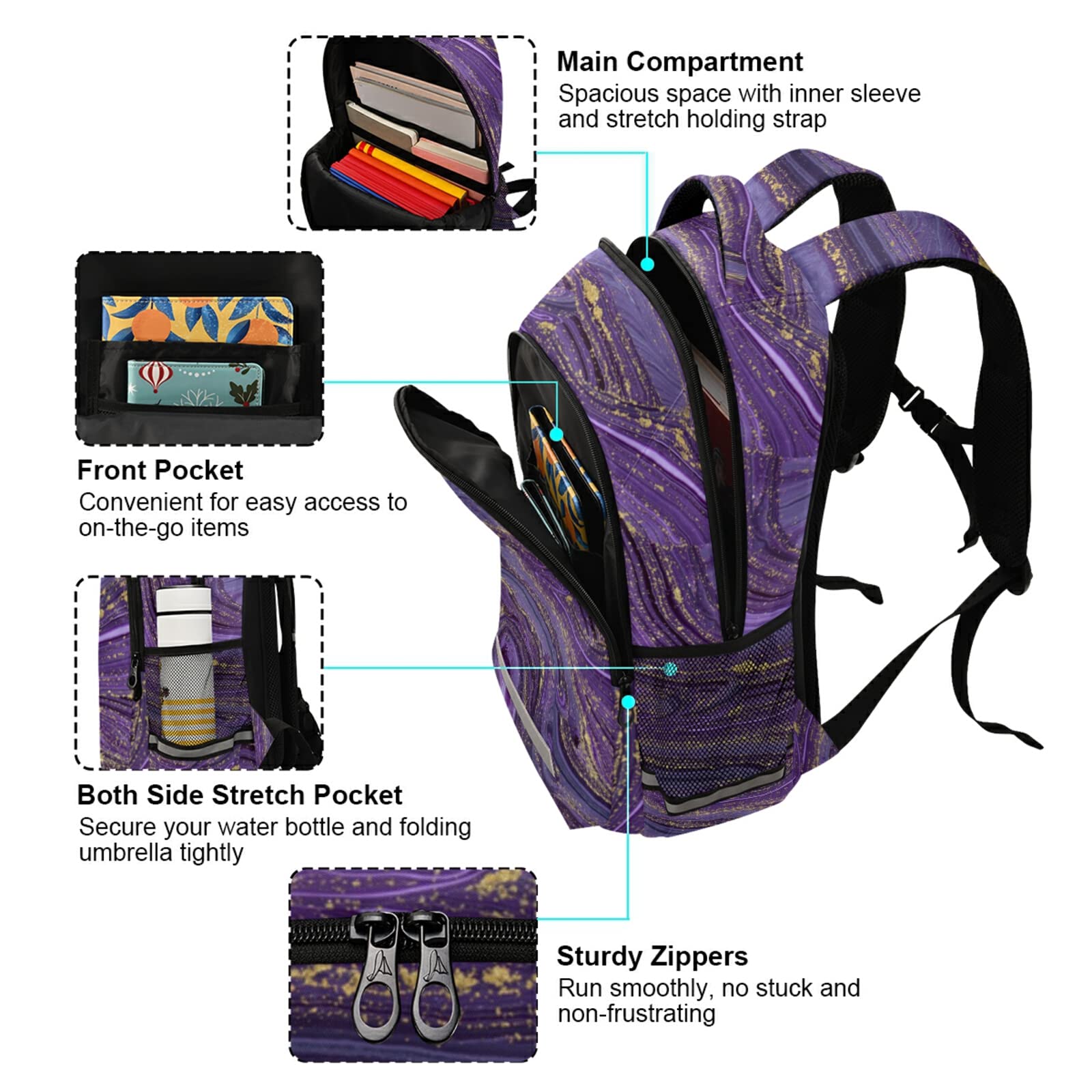 Stylish Purple & Gold Marbled Laptop Backpack for Teens & Adults - Waterproof School Backpack with Reflective Stripes for Safety | Perfect for College, Travel, Hiking & Daily Commute