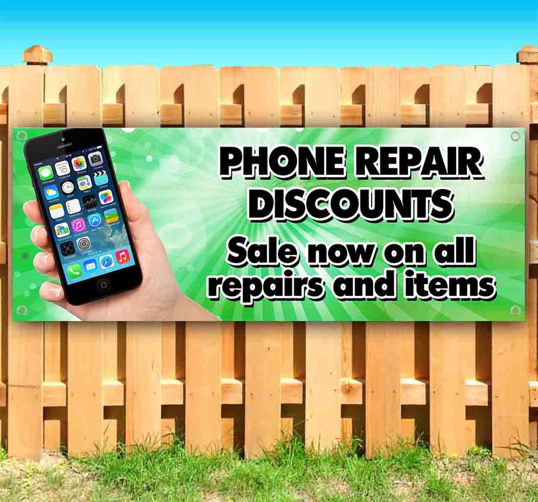 13 oz Heavy-Duty Vinyl Phone Repair Discounts Banner with Metal Grommets - Durable Non-Fabric Sign for Electronics Store & Repair Shop Promotion