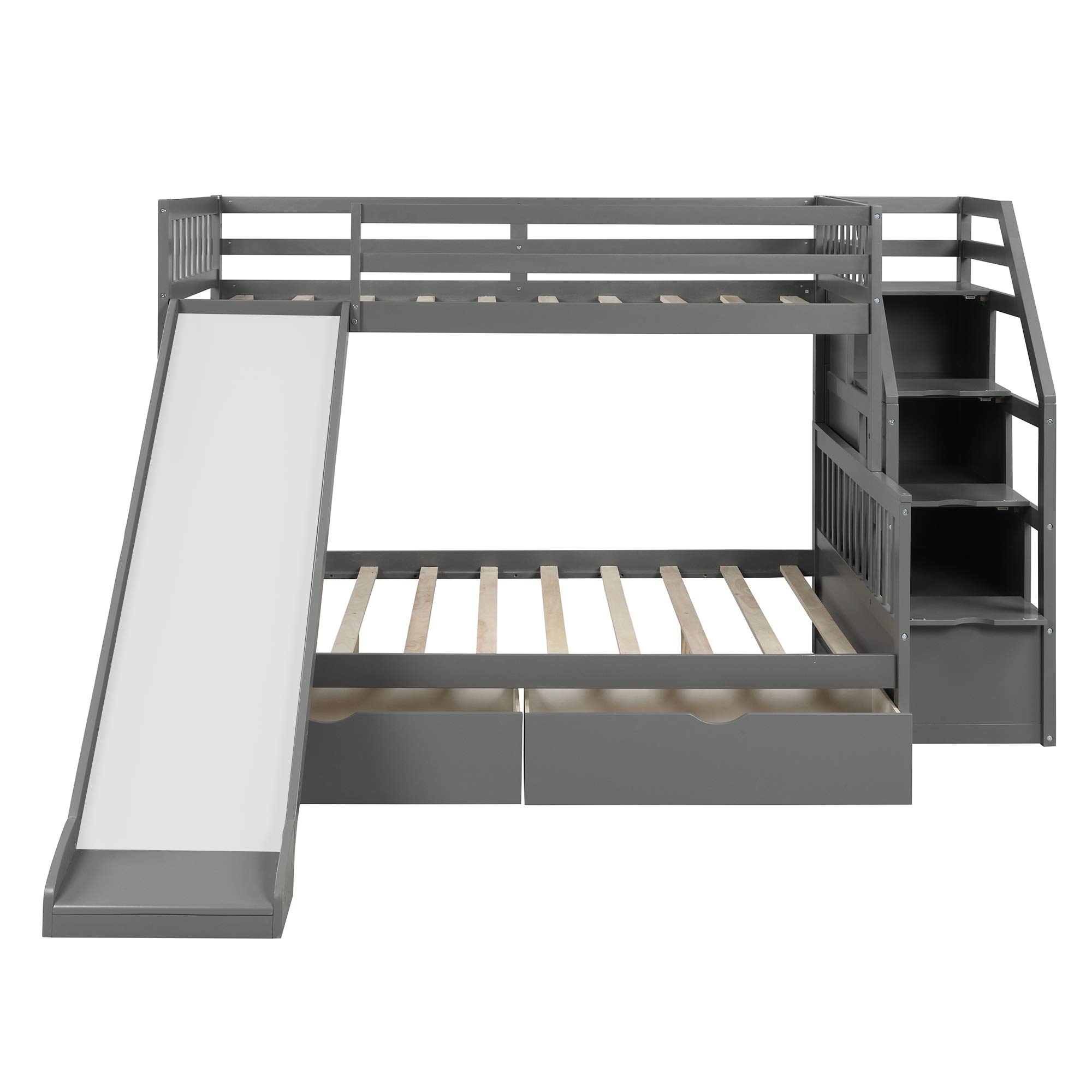 Multifunctional Twin Over Full Bunk Bed with Stairs, 2 Drawers & Slide - Convertible Wood Loft Bed with Storage for Kids & Adults - Space-Saving Gray Bedroom Furniture for Small Rooms, Guest Rooms & Kids' Bedrooms