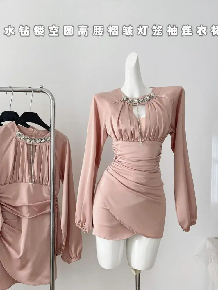 Pink Diamond Round Neck Hollow Out Mini Dress for Women - Elegant French High Waist Wrap Party Dress with Pleated Skirt | Perfect for Cocktail Parties, Date Nights & Special Occasions