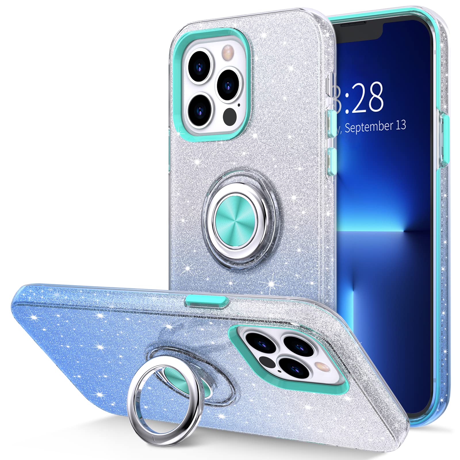 Hython iPhone 13 Pro Case with 360° Rotatable Magnetic Ring Stand & Kickstand - Sparkly Glitter Hybrid Phone Cover for Women, Car Mount Compatible - Perfect for Work, Travel & Daily Use (Blue)