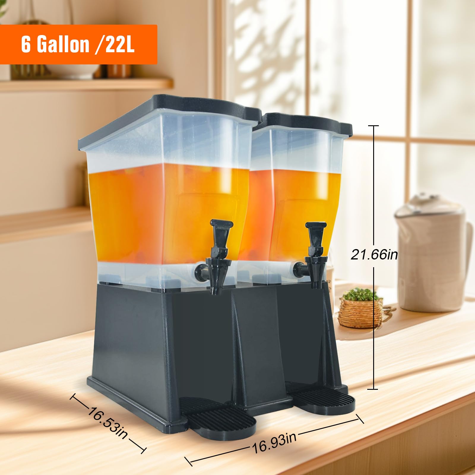 6 Gallon (22L) Commercial Beverage Dispenser with Spigot - Double Tank Drink Dispenser for Parties, Catering, Buffets & Restaurants - Perfect for Juice, Lemonade, Iced Tea & Punch Serving at Events