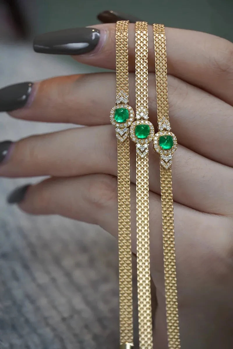 18K Yellow Gold Diamond & Natural Panjshir Emerald Bracelet for Women - Romantic Wedding Jewelry Gift for Anniversary, Engagement & Special Occasions