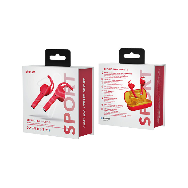 Defunc True Sport Wireless Earbuds - Red | Sweatproof Bluetooth Headphones for Running, Gym & Workouts
