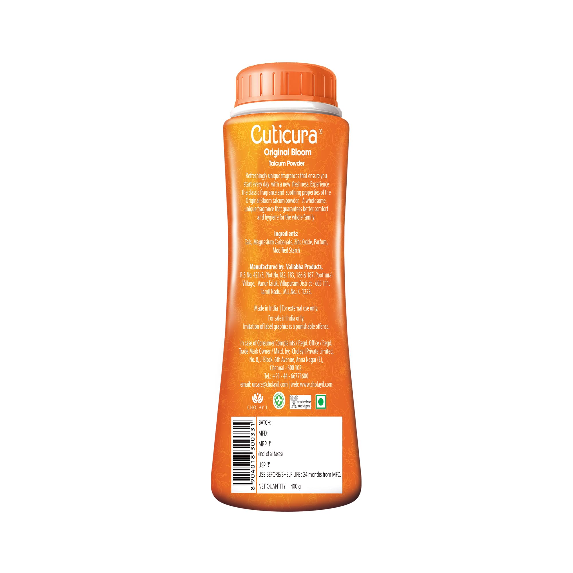 Cuticura Original Bloom Talcum Powder with Sunscreen 400g | Odor Control & Long-Lasting Fragrance | 100% Vegan & Cruelty-Free | Refreshingly Fresh Talc for Daily Use, Gym, Travel & Post-Shower Comfort