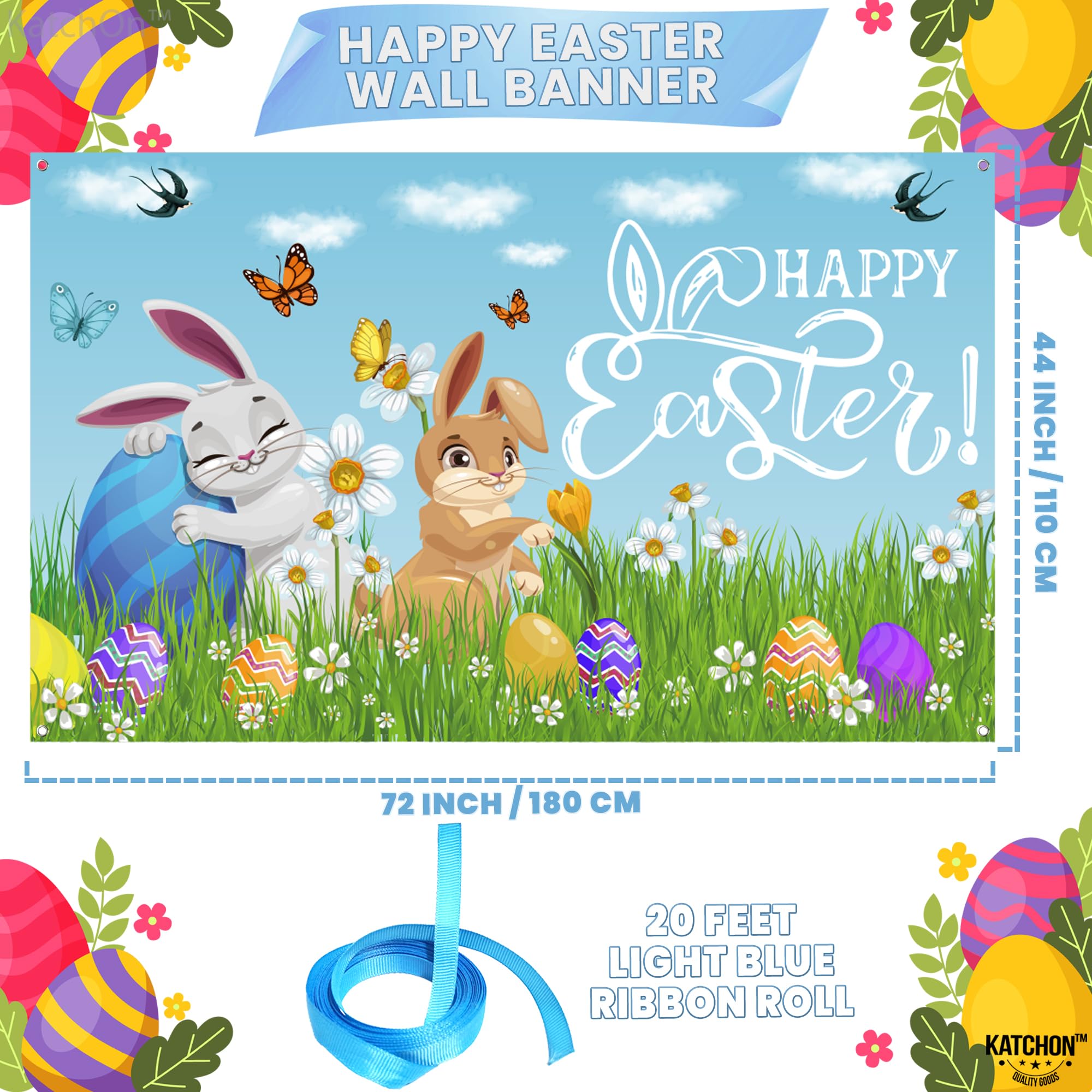 KatchOn Extra Large 72x44 Inch Happy Easter Banner Decorations - Outdoor Easter Party Backdrop, Photography Background & Wall Decor for Easter Celebrations, Church Events & Spring Festivals