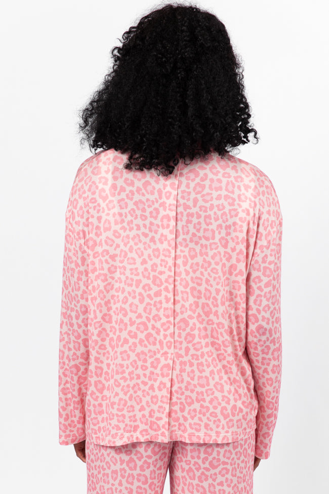 Sweet Dreams Pink Leopard Print Long Sleeve Pajama Top for Women - Cozy Sleepwear for Winter Nights & Loungewear at Home