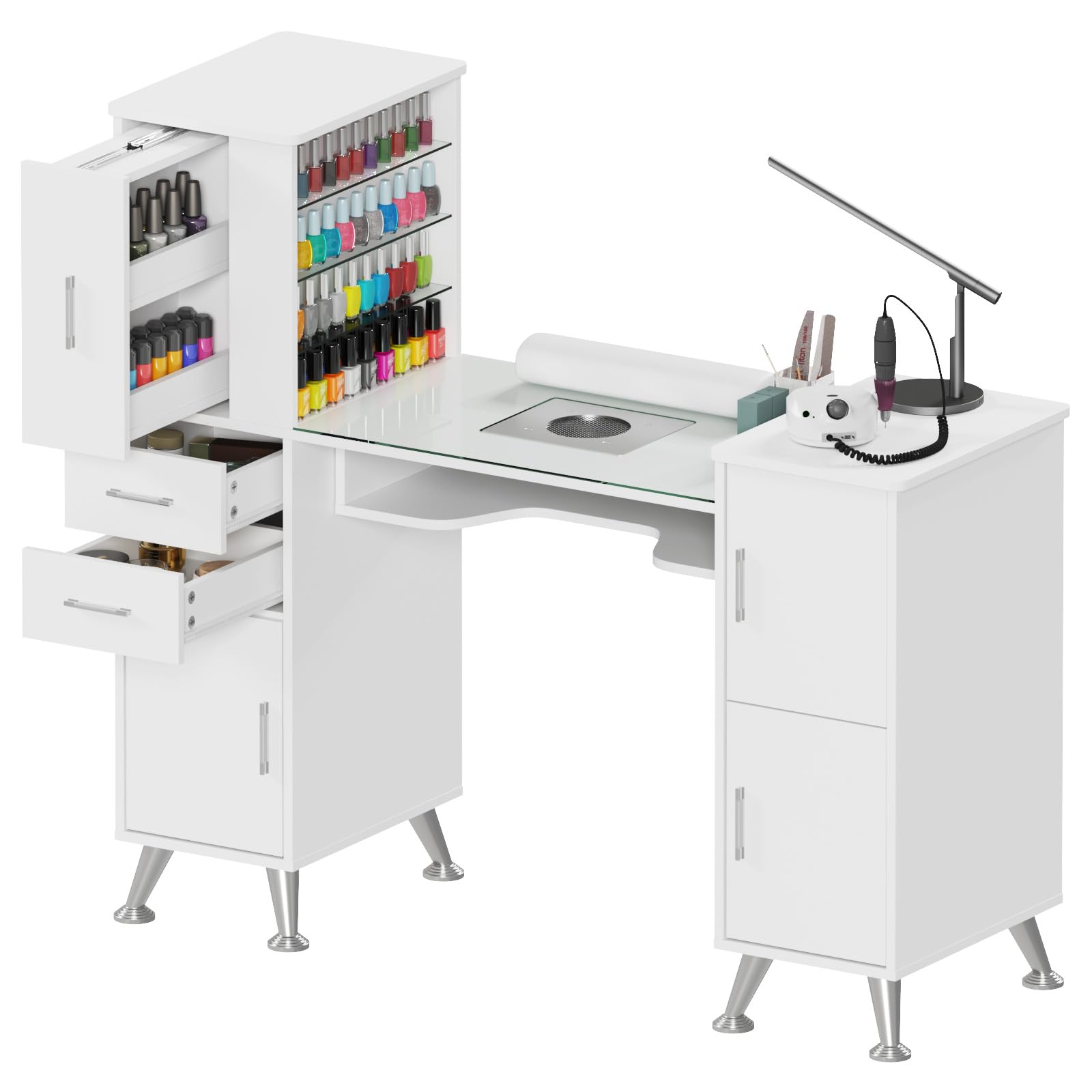 Professional Manicure Table with Glass Top & Wrist Rest - Nail Salon Station with Built-in Dust Collector, 4 Dust Bags & Storage Drawers - White Beauty Workstation for Home & Professional Nail Salons