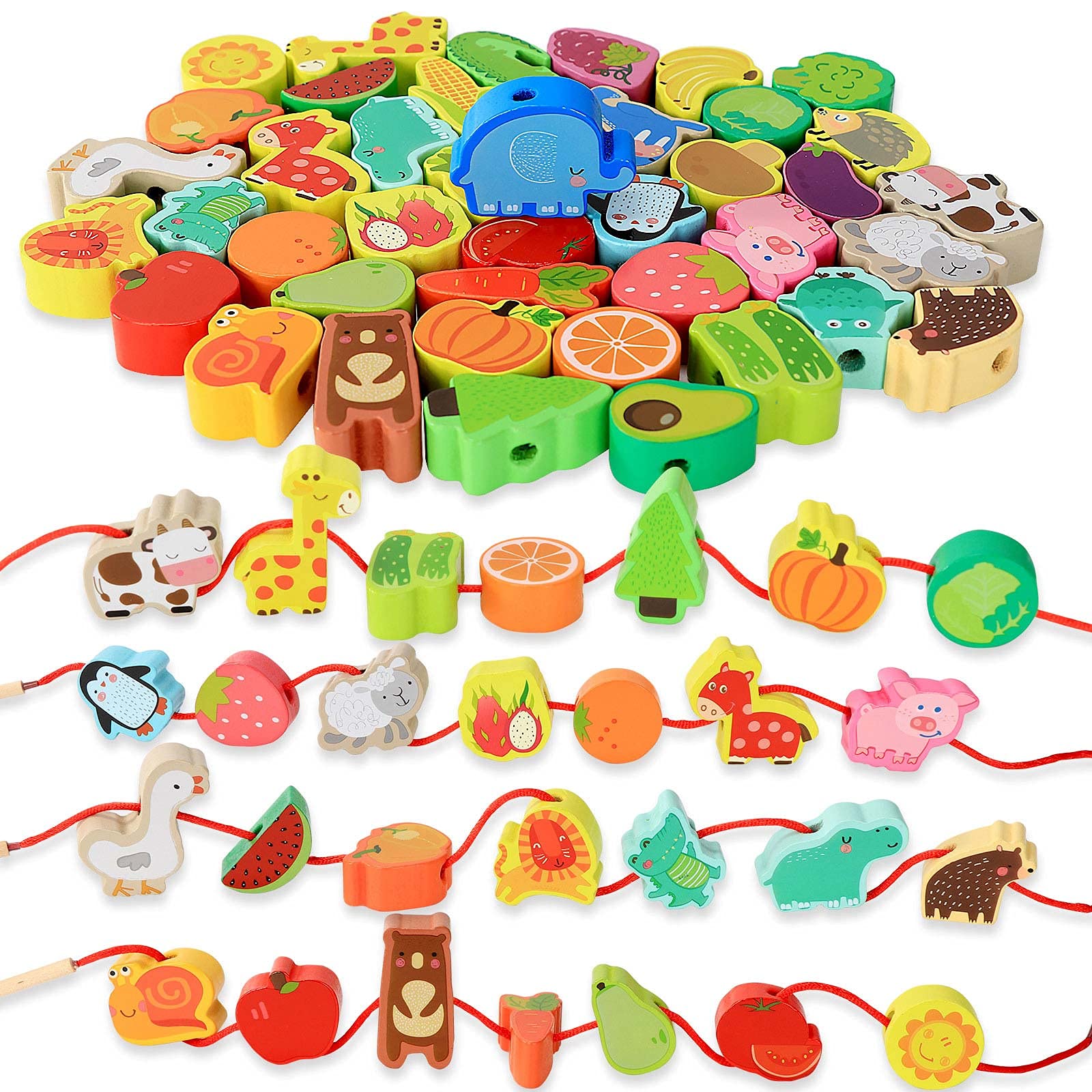 BMTOYS Montessori Wooden Threading Toys for Toddlers - Farm Animals & Fruits Lacing Beads, Fine Motor Skills Learning Toy for 3 4 5 Year Old Boys Girls - Perfect for Preschool Classroom & Home Educational Play