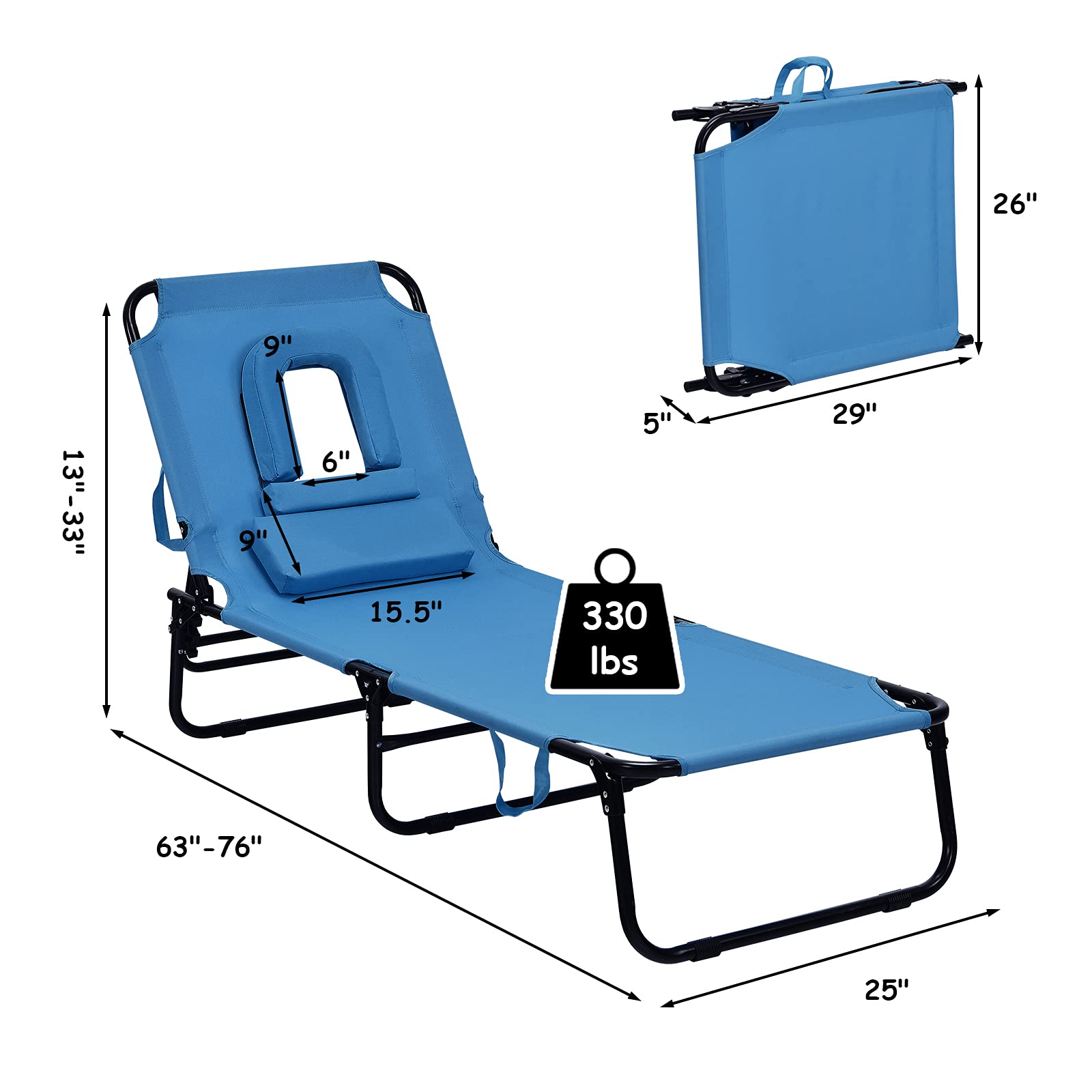 GYMAX Adjustable Folding Beach Lounge Chair - Portable Sunbathing Recliner with Face Hole for Patio, Poolside & Backyard Relaxation | Perfect for Outdoor Vacation, Camping & Beach Getaways