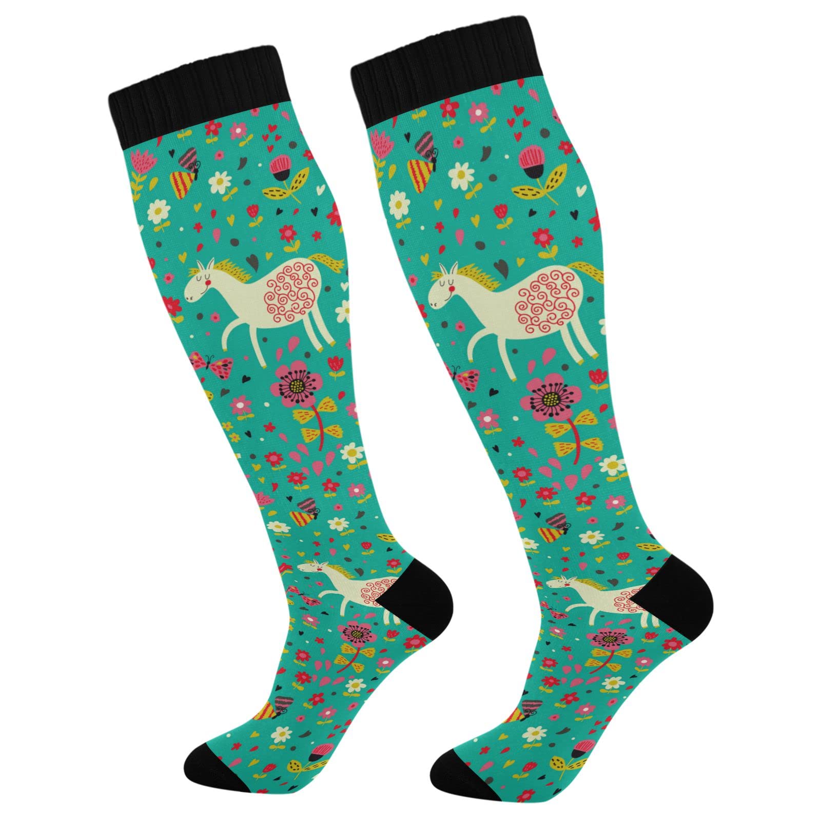 Funny Horse in Flowers Compression Socks for Women & Men - Breathable Athletic Socks for Running, Cycling, Nursing - Improve Blood Circulation & Reduce Swelling (Great for Workouts, Travel & Long Shifts)