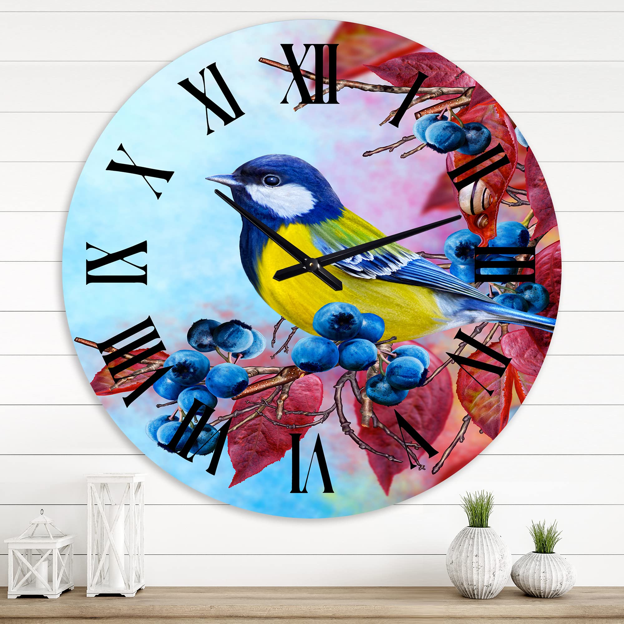 DesignQ Traditional Wall Clock 'Bright Bird Bullfinch on Branch II' - Large Animal Wall Clock for Kitchen, Living Room, Bedroom Decor - Perfect for Home, Office & Farmhouse Style Interiors