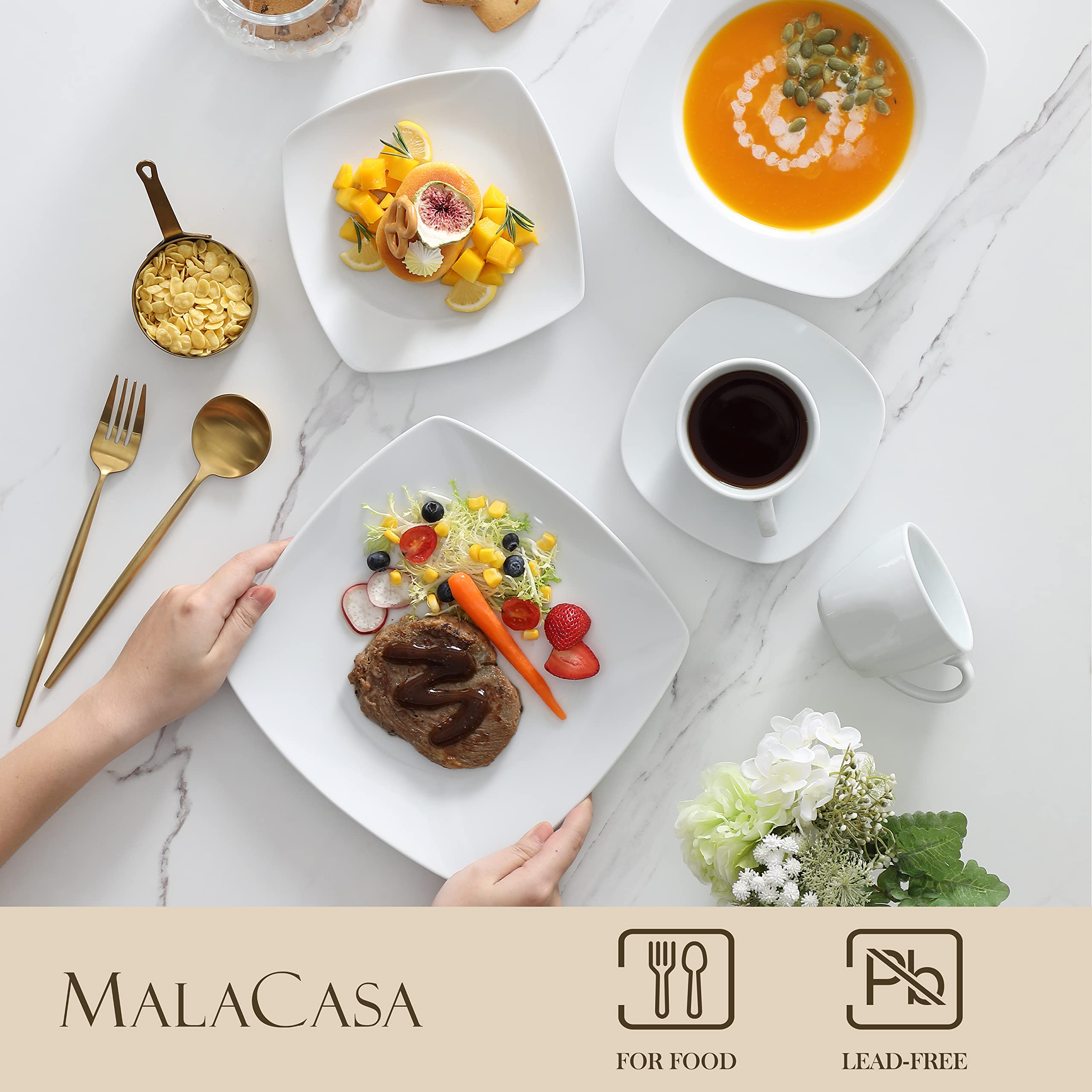 MALACASA 60-Piece Porcelain Dinnerware Set for 12 - Square Plates, Bowls, Cups & Saucers in Modern Gray White | Julia Series | Perfect for Family Dinners, Restaurants & Entertaining Guests