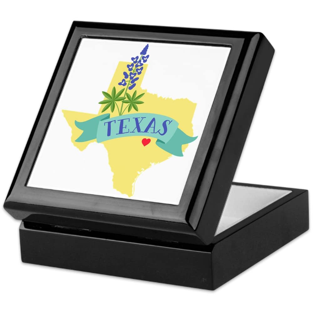 Texas State Outline Bluebonnet Flower Keepsake Box - Handcrafted Hardwood Jewelry Box with Velvet Lining - Perfect for Jewelry Storage, Gift Giving & Texas Pride Display