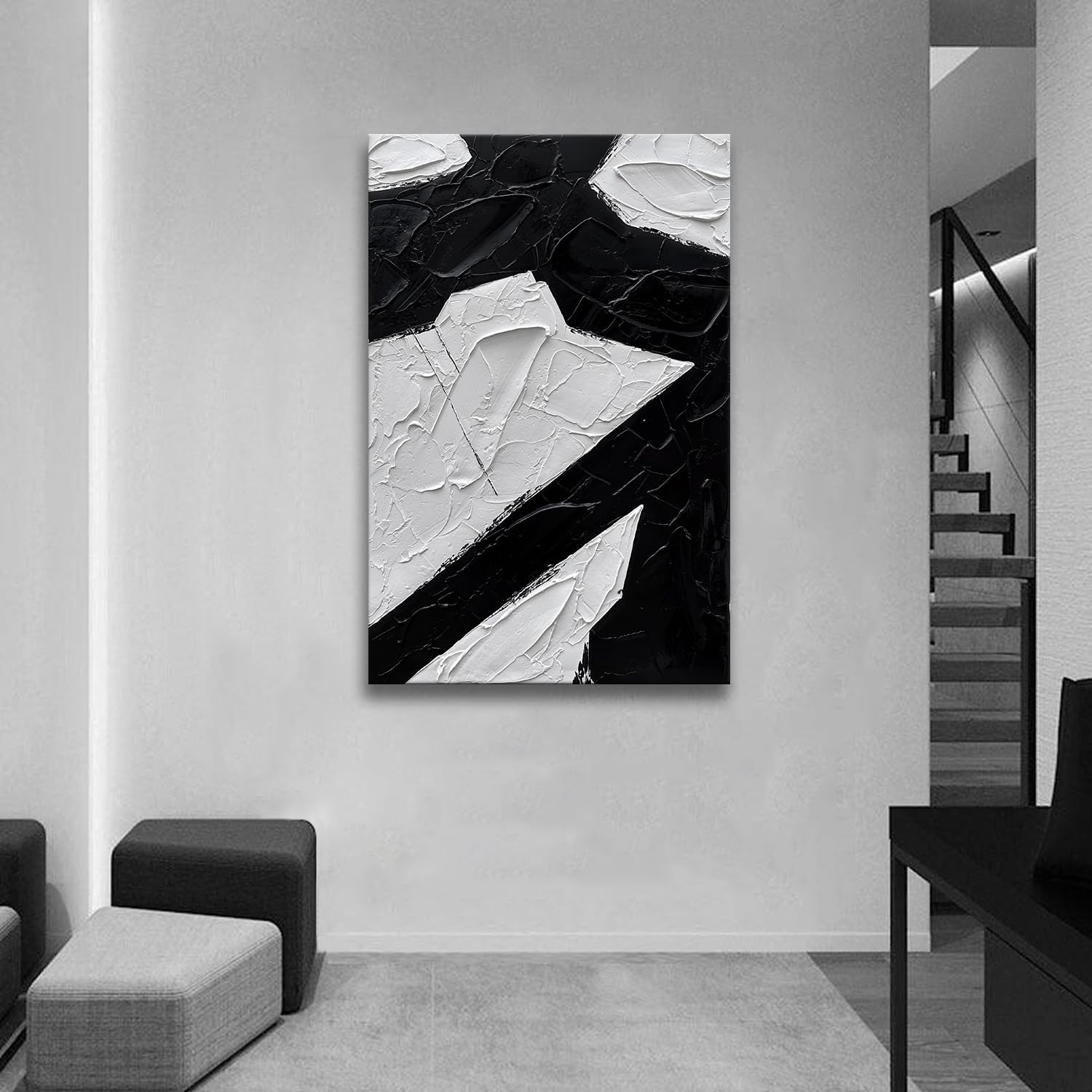 Zoinart Hand Painted Black & White Abstract Wall Art - 24x36 Inch Modern Oil Painting with Vertical Texture, Contemporary Minimalist Home Decor for Living Room, Bedroom & Office