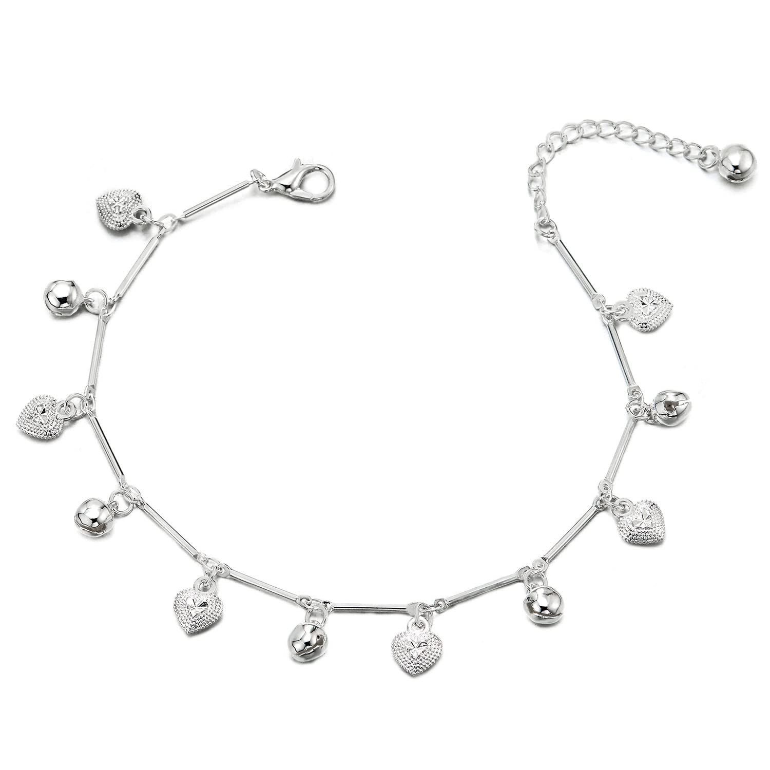 CoolSteelAndBeyond Adjustable Link Chain Anklet Bracelet with Dangling Hearts & Jingle Bells - Perfect for Women's Fashion, Boho Style & Summer Beach Accessories