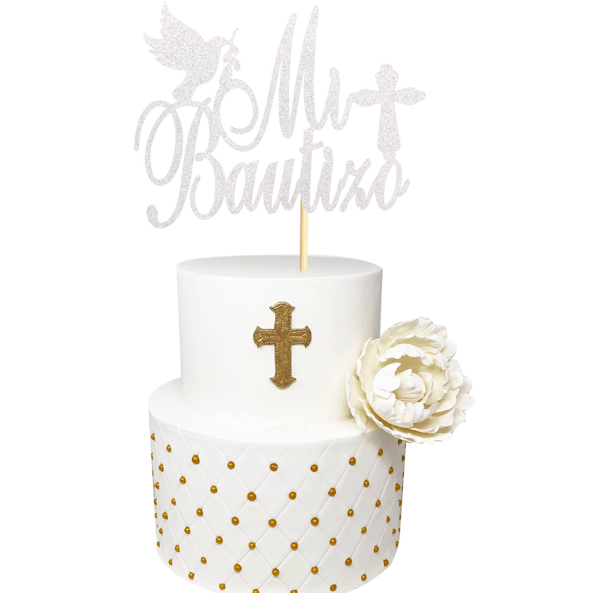 Spanish Mi Bautizo Cake Topper with Glitter Cross - Religious God Bless Cake Topper for Holy First Communion, Baptism, Baby Shower & 1st Birthday Party Decorations - Silver Glitter - Perfect for Religious Celebrations & Special Occasions