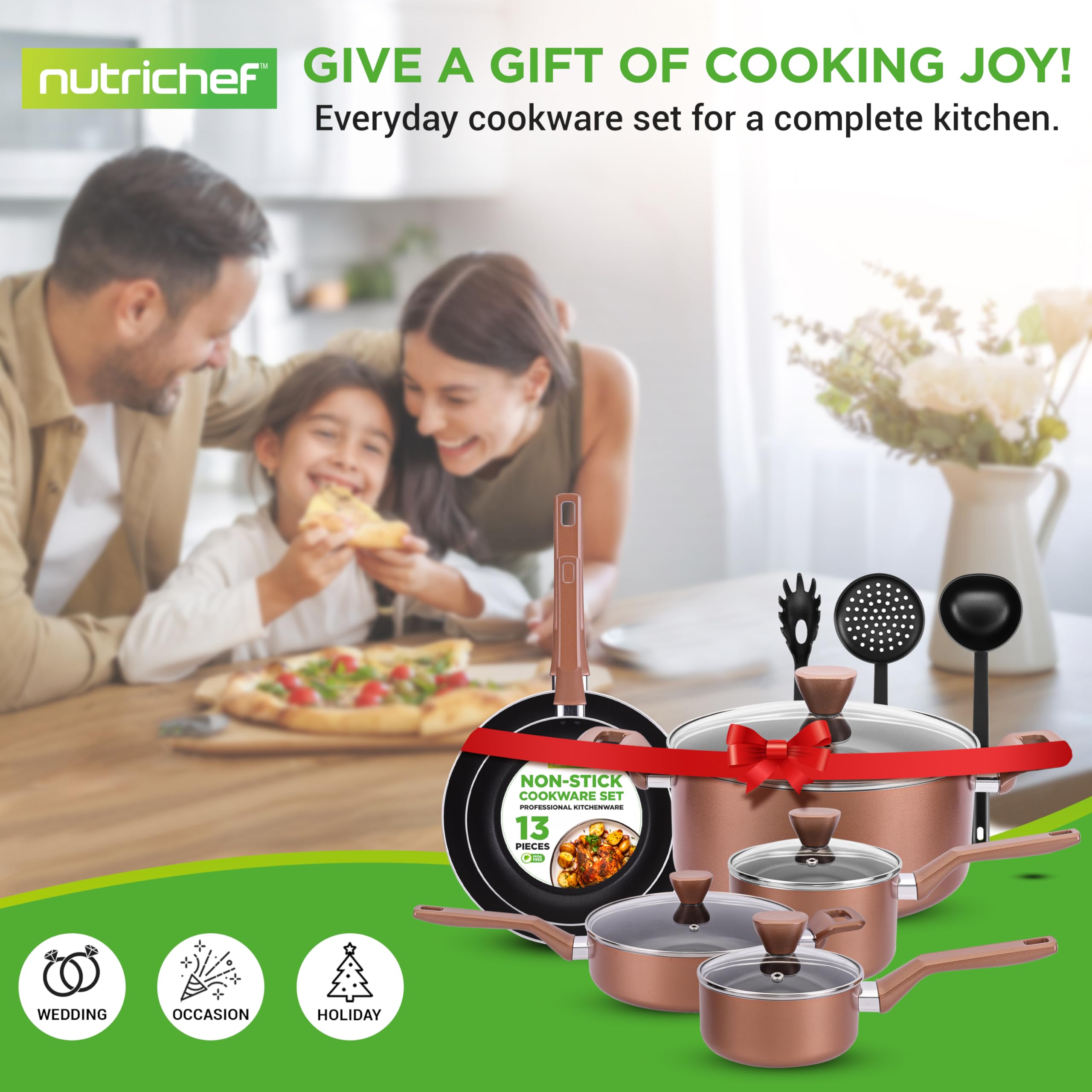NutriChef 13-Piece Nonstick Cookware Set - PTFE/PFOA/PFOS-Free, Heat Resistant Pots & Pans with Saucepan, Frying Pans, Casserole, Lids & Kitchen Utensils - Brown (NCCWA13BR) - Perfect for Home Cooking, Meal Prep & Family Dinners