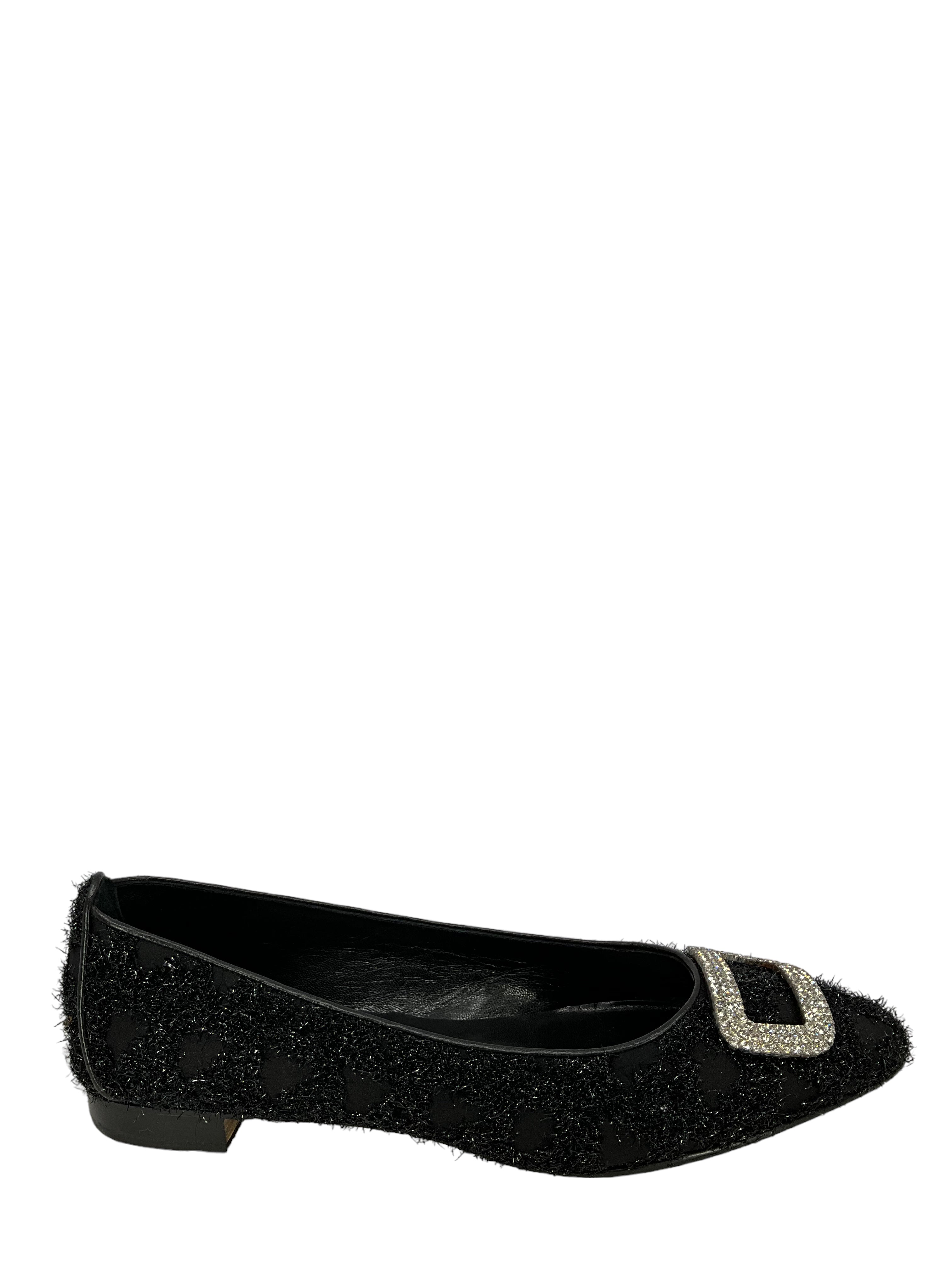 Manolo Blahnik Black Textured Fabric Flats for Women - Size 11 | Comfortable & Stylish Ballet Flats for Work, Office & Casual Wear