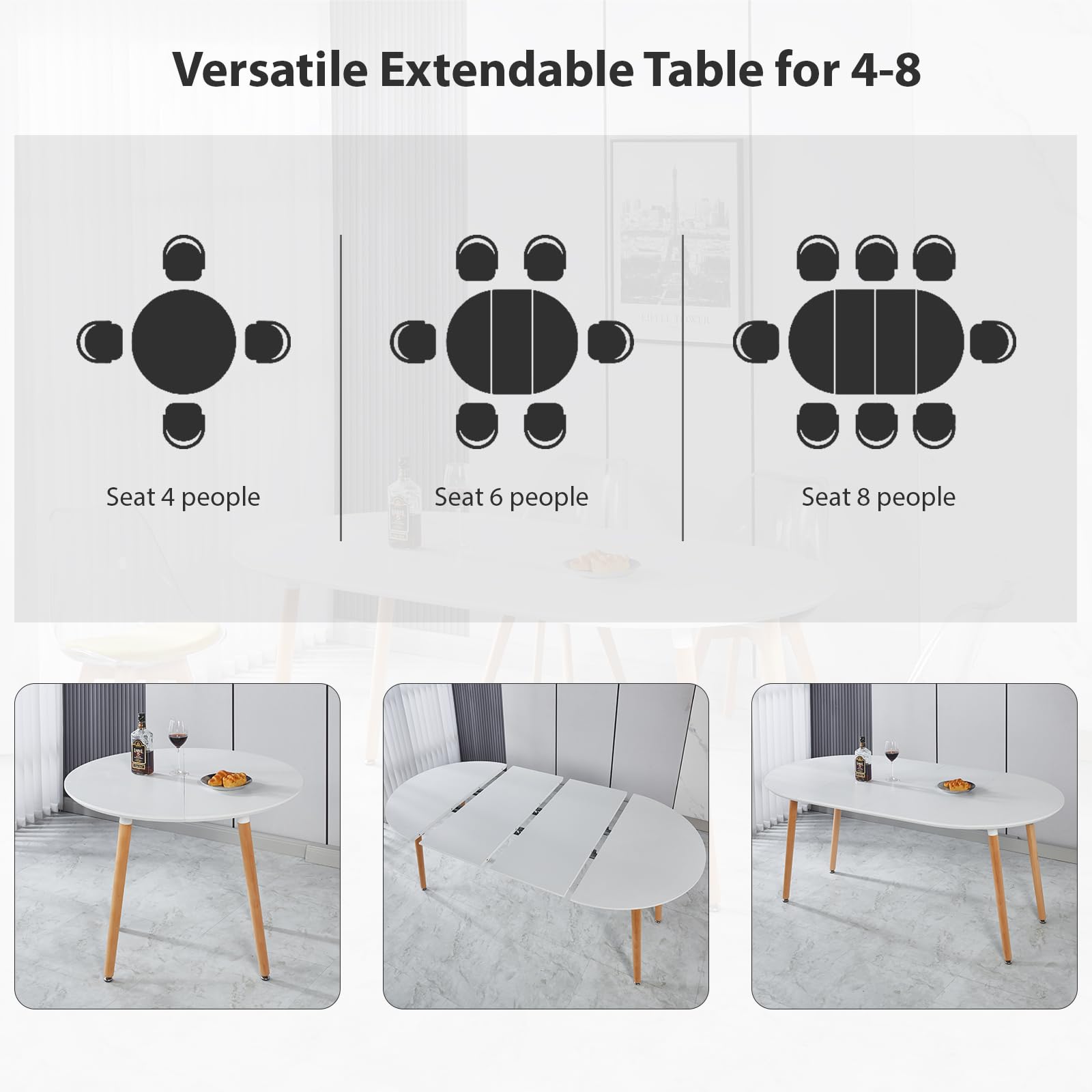 Modern Oval Extendable Dining Table for 4-8 People - Solid Wood & Metal Frame with MDF Tabletop (40