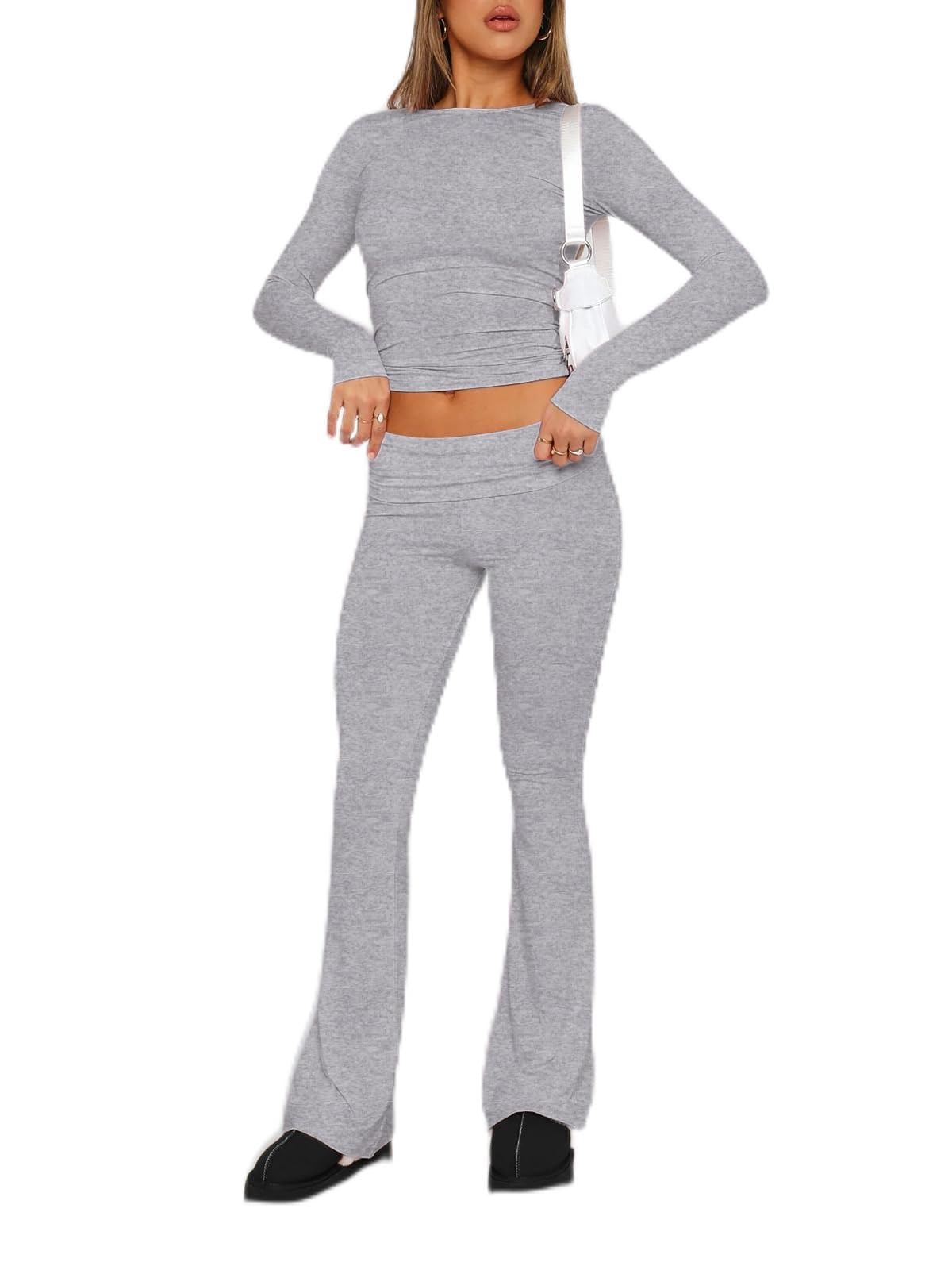 Raikamitu Women's 2-Piece Lounge Set - Long Sleeve Cropped Top & Fold-Over Flare Pants | Soft Casual Yoga Outfit | Perfect for Home, Yoga & Relaxation