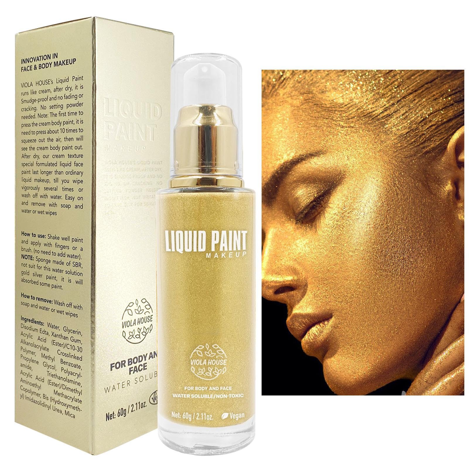 Golden Liquid Makeup - Water Soluble Face & Body Paint (2.11oz) for Halloween, Cosplay, Costume Parties & Special Effects | Professional Quality Face Paint for Artists & Kids | Easy Wash Off Makeup for Events & Performances
