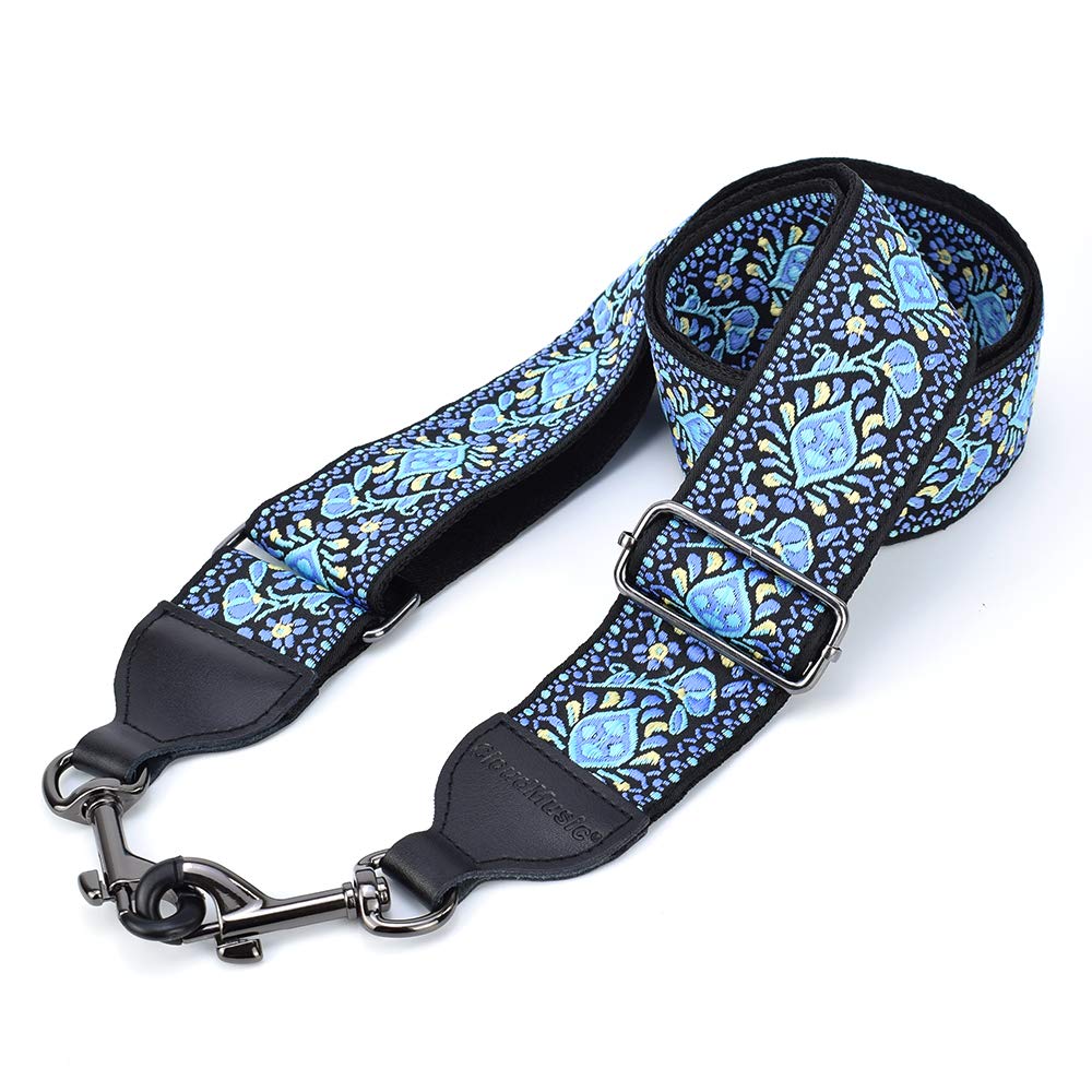 Premium Jacquard Woven Guitar Strap with Leather Ends & Metal Clips - Blue Pattern Banjo Strap for Handbag & Purse | Perfect for Musicians & Fashion Accessories