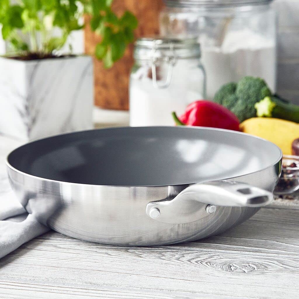 GreenPan Chatham Tri-Ply Stainless Steel Healthy Ceramic Nonstick 11-Inch Wok Pan - PFAS-Free, Multi-Clad, Induction Compatible, Dishwasher & Oven Safe (Silver) - Perfect for Asian Stir-Fry, Sautéing & Healthy Cooking