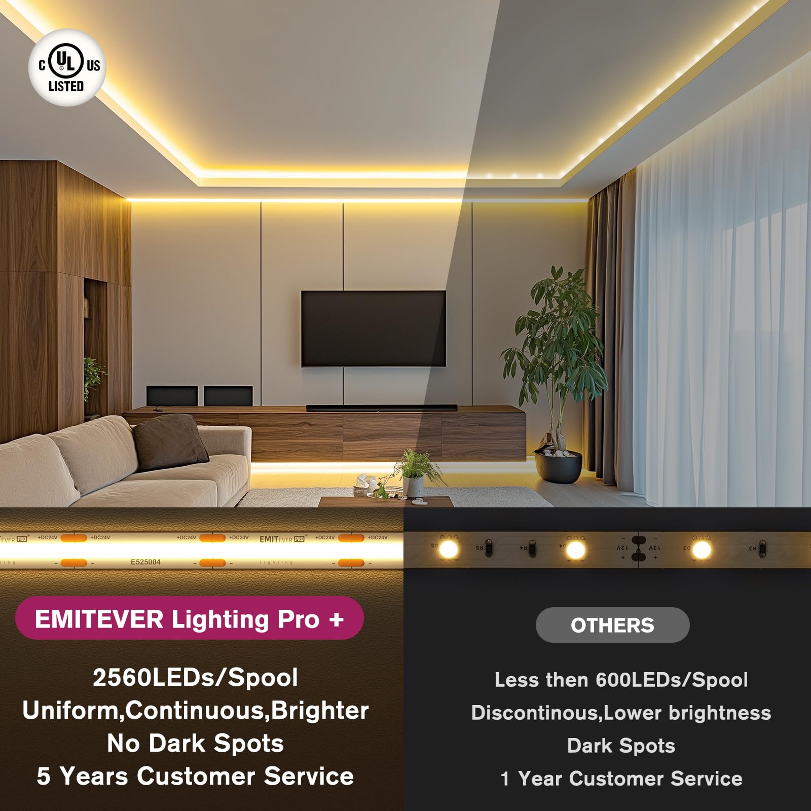 EMITEVER COB LED Strip Lights Warm White 3000K - High Density 360+ Lumens/ft, 2560 LEDs/5m Spool, 90+ CRI, 24V DC, UL Listed - Perfect for Home Kitchen Lighting, Bedroom Accent, and Commercial Display (Power Supply Sold Separately)