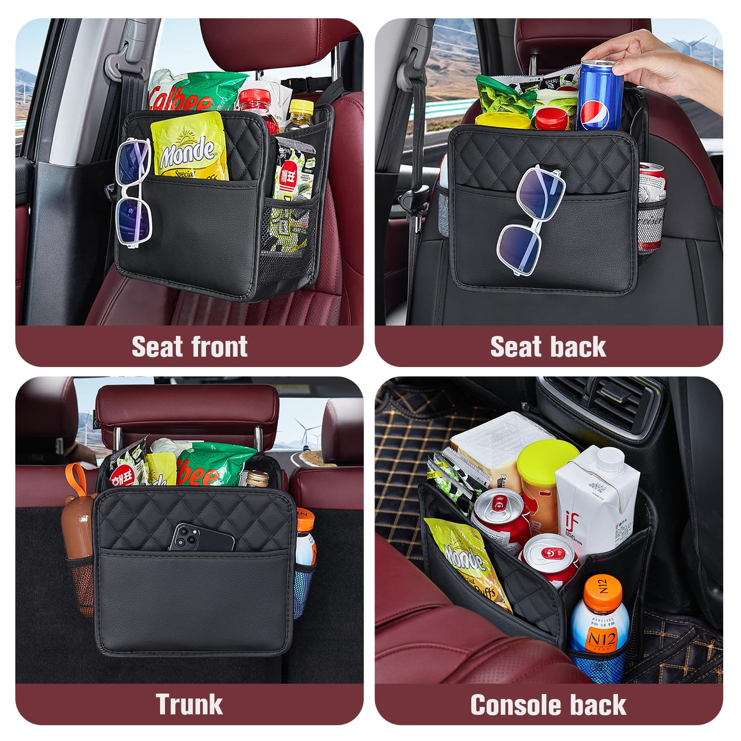 2 Pack Waterproof PU Leather Car Seat Organizer - Foldable Hanging Back Seat Storage Bag with Cup Holders for Kids & Adults | Universal Fit for Travel, Road Trips & Daily Commute