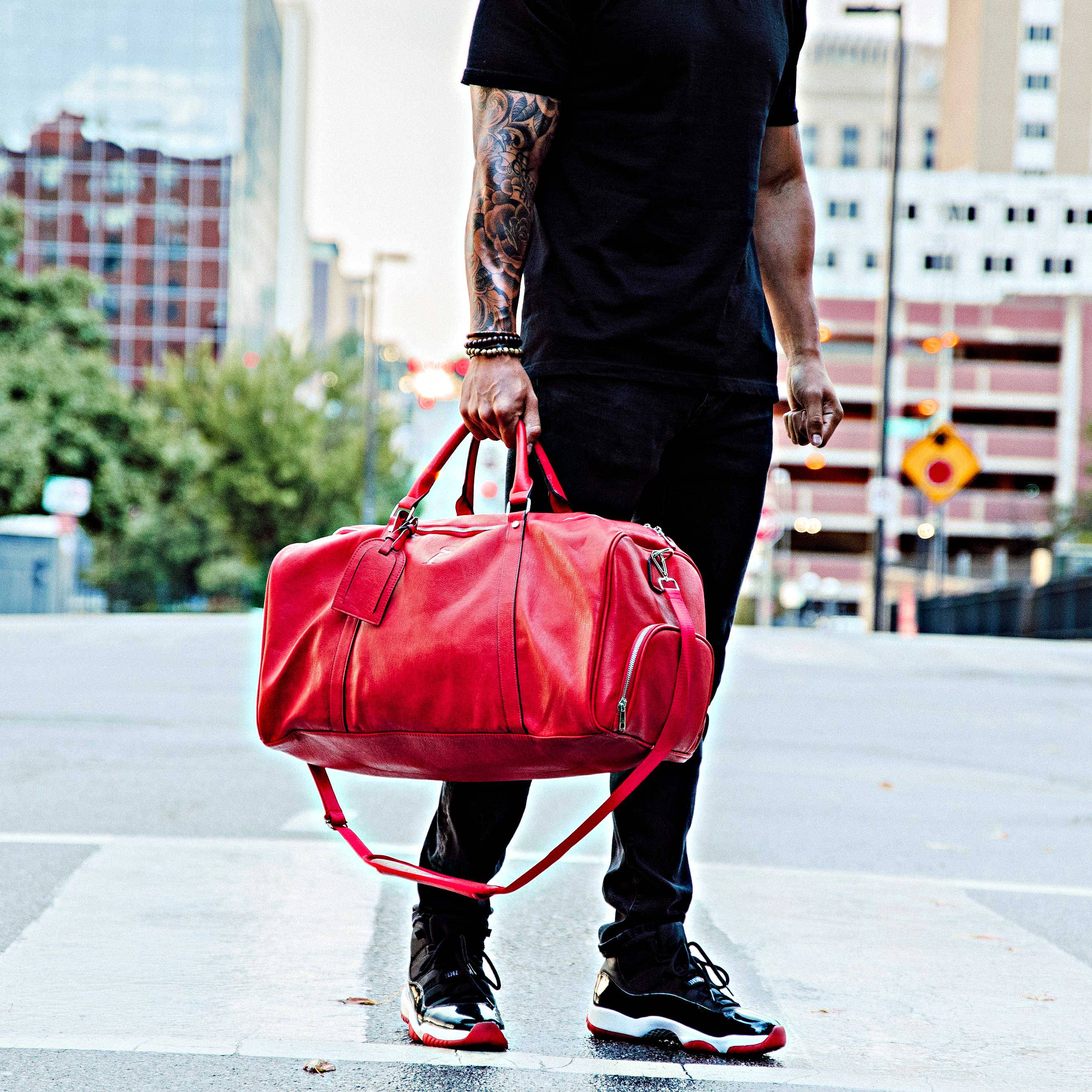 Premium Red Tumbled Leather 2-Piece Bag Set - Commuter Backpack & Duffle Bag for Work, Gym & Travel | Durable & Stylish Luggage Accessories