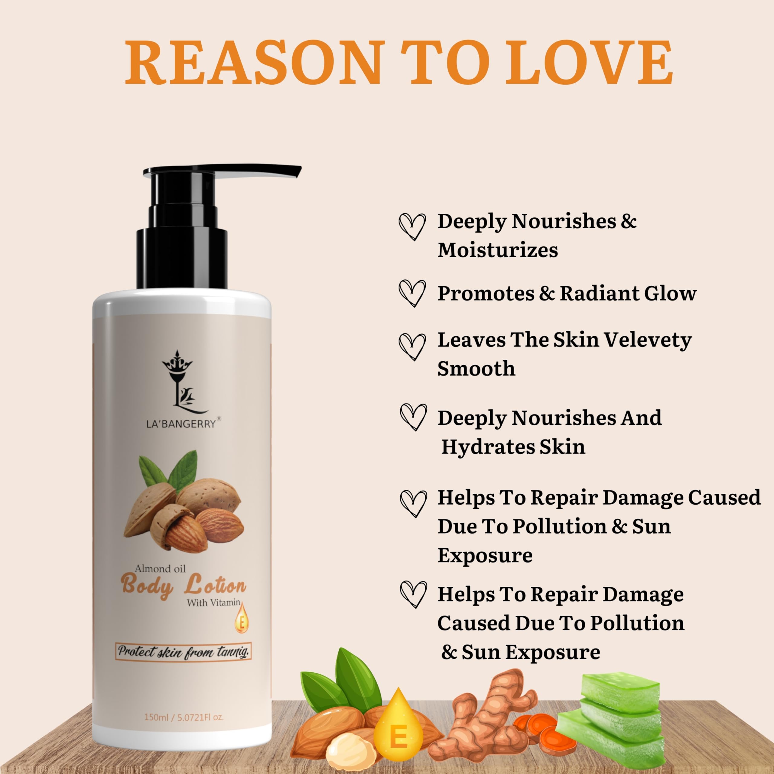 LABANGERRY Almond Body Lotion with Vitamin E & 2X Almond Oil | 48 Hour Deep Moisturizing Cream for Very Dry Skin | Smooth & Healthy Looking Skin | 150ml | Perfect for Winter Care & Daily Hydration