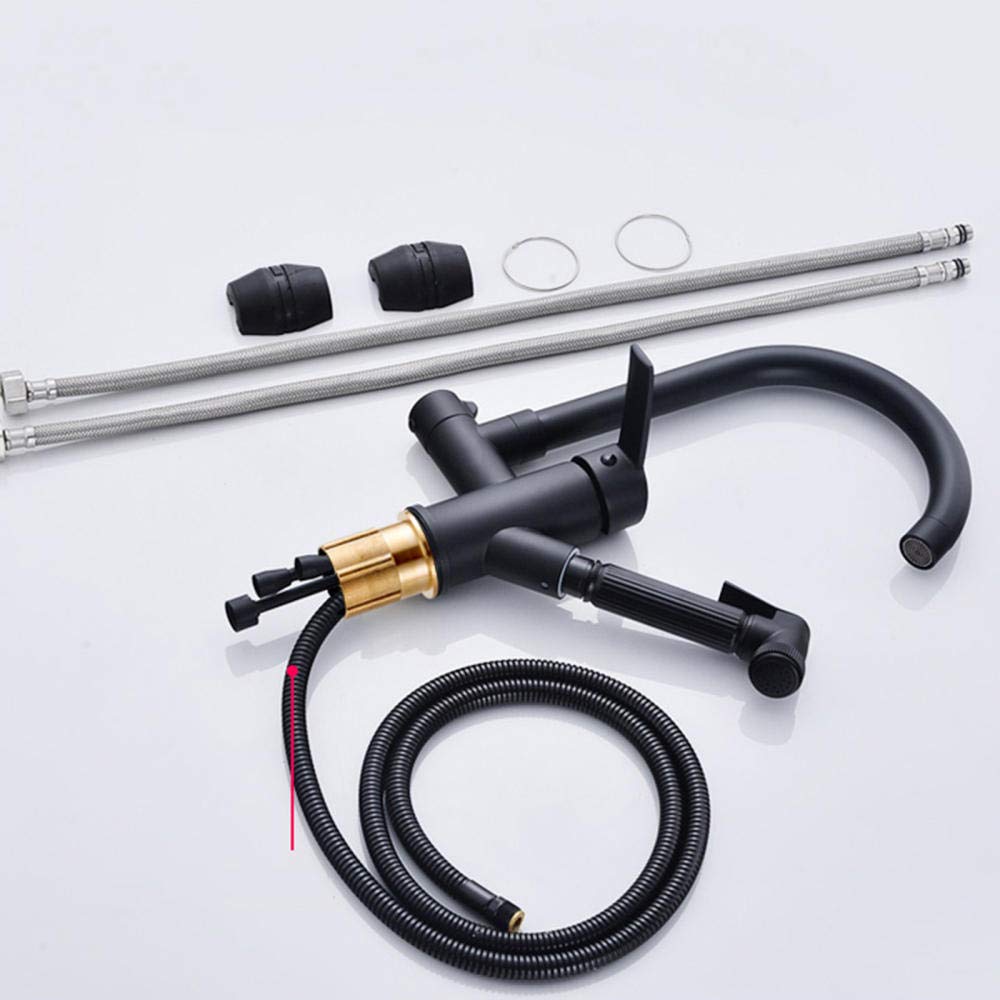 Brass Black Kitchen Sink Mixer Tap with Pull Out Spray Gun, Hot and Cold Water, Retractable Rotating Faucet for Modern and Stylish Kitchens