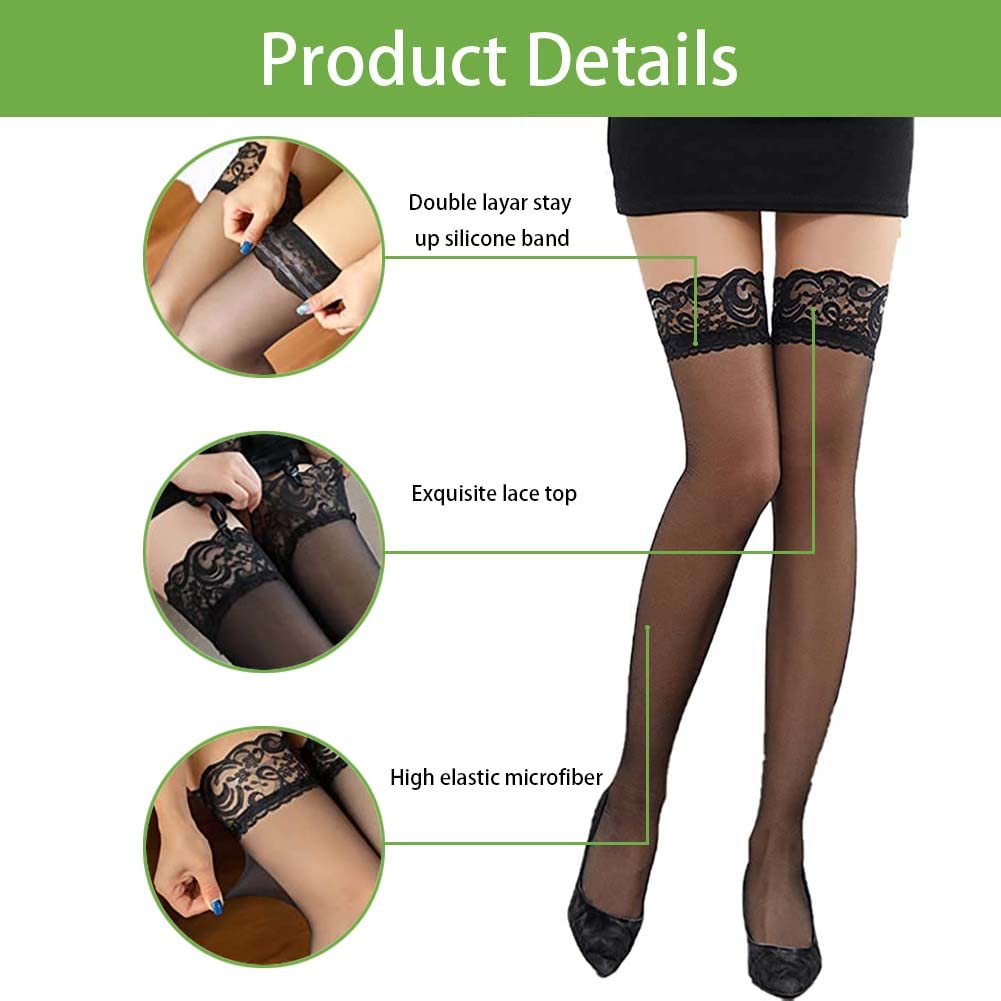 Confonze Women's Opaque Thigh High Stockings with Anti-Slip Lace Top - Sexy & Comfortable Stay-Up Stockings for Work, Party or Everyday Wear