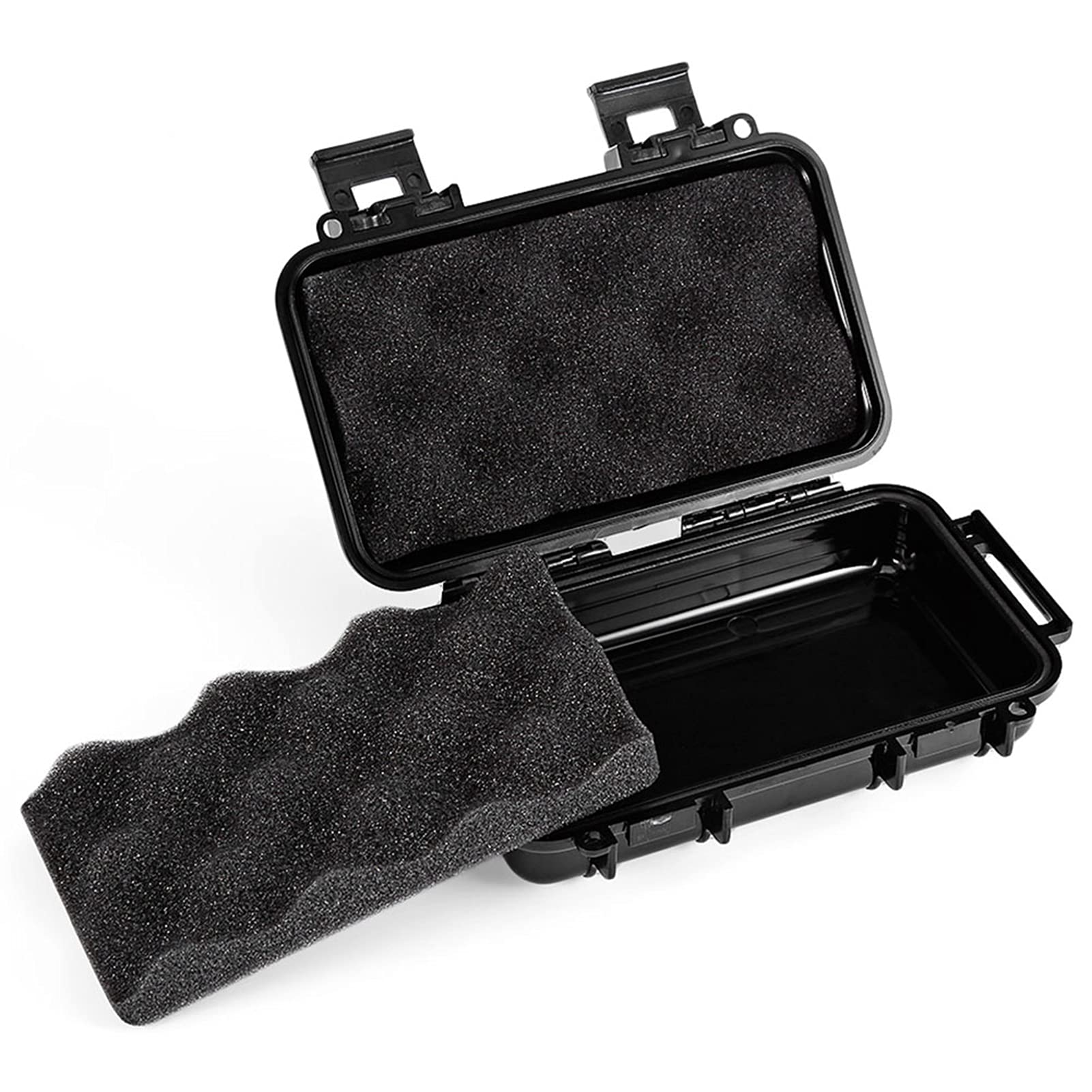 Waterproof Plastic Storage Box with 2 U-Shape Buckles - Shockproof Dry Storage Container for Cameras, Phones, Camping Gear - Compact Black Organizer for Outdoor Activities, Fishing & Hiking Accessories