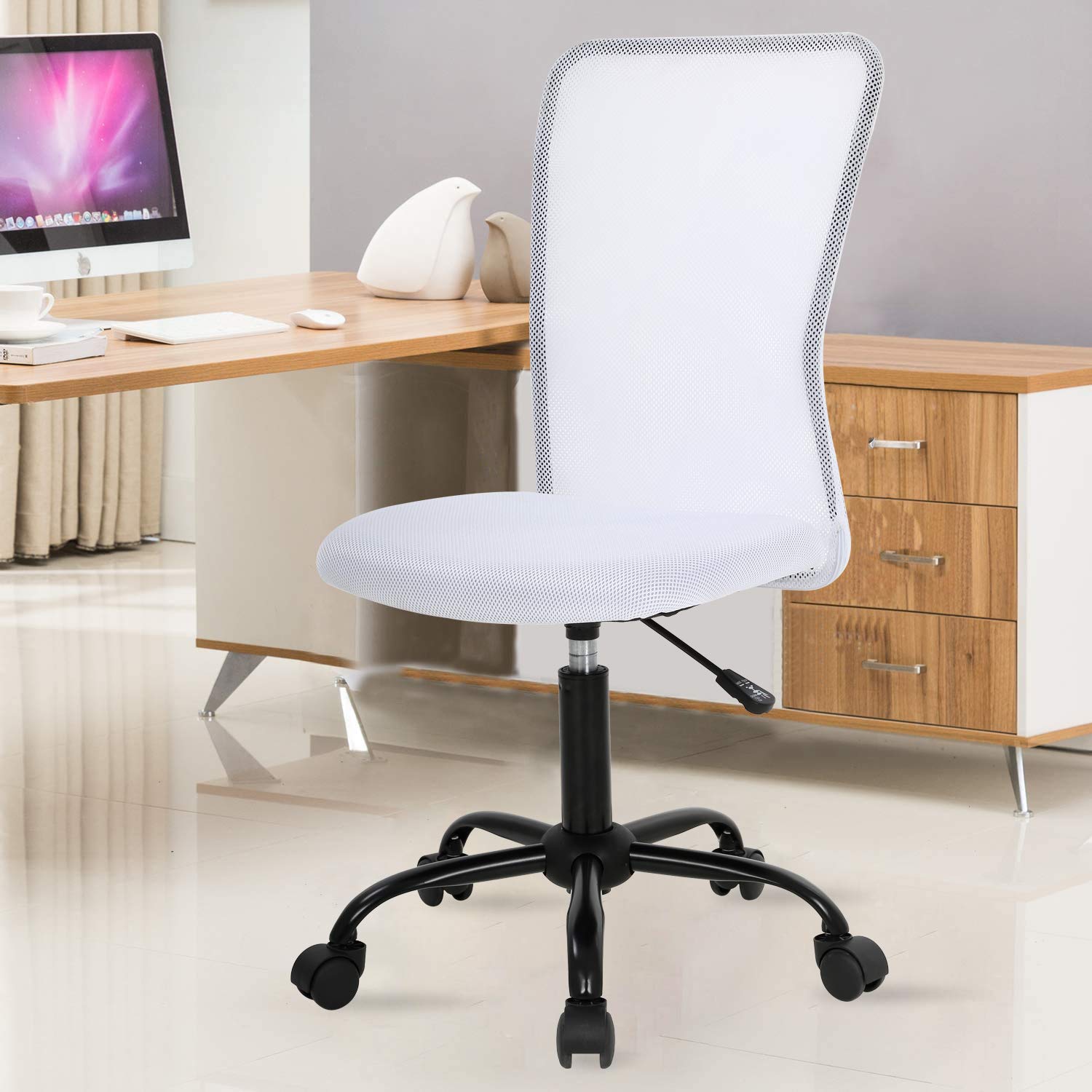Ergonomic Mesh Office Chair with Adjustable Lumbar Support - Breathable White Desk Chair with Height Adjustment & Swivel Wheels - Armless Computer Chair for Home & Office Workspace - Perfect for Long Hours of Sitting, Gaming, and Remote Work