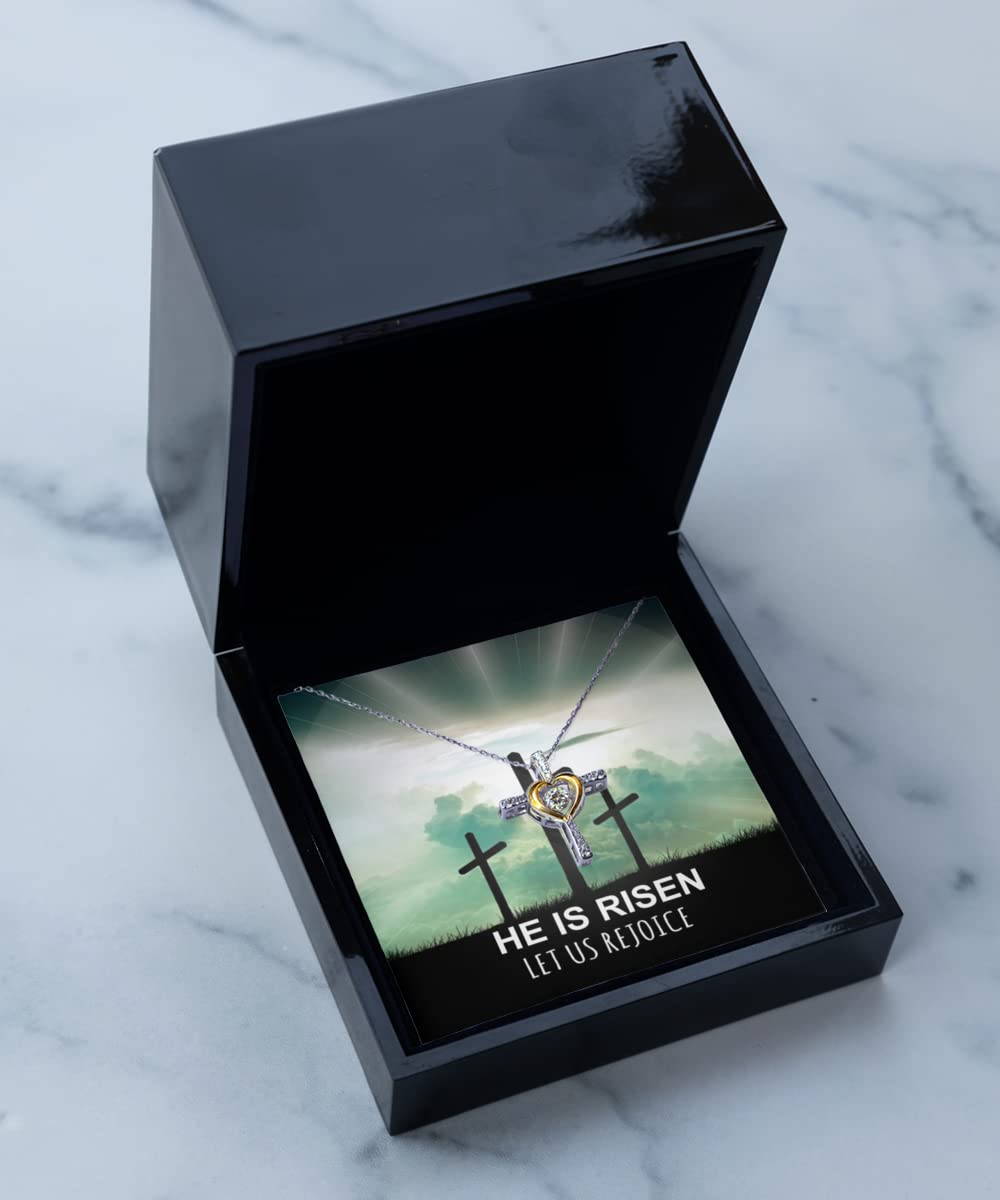 He is Risen Cross Necklace - Religious Christian Jewelry for Women & Men - Easter Gift, Baptism, Confirmation, Church Wear - Stainless Steel Pendant with Chain