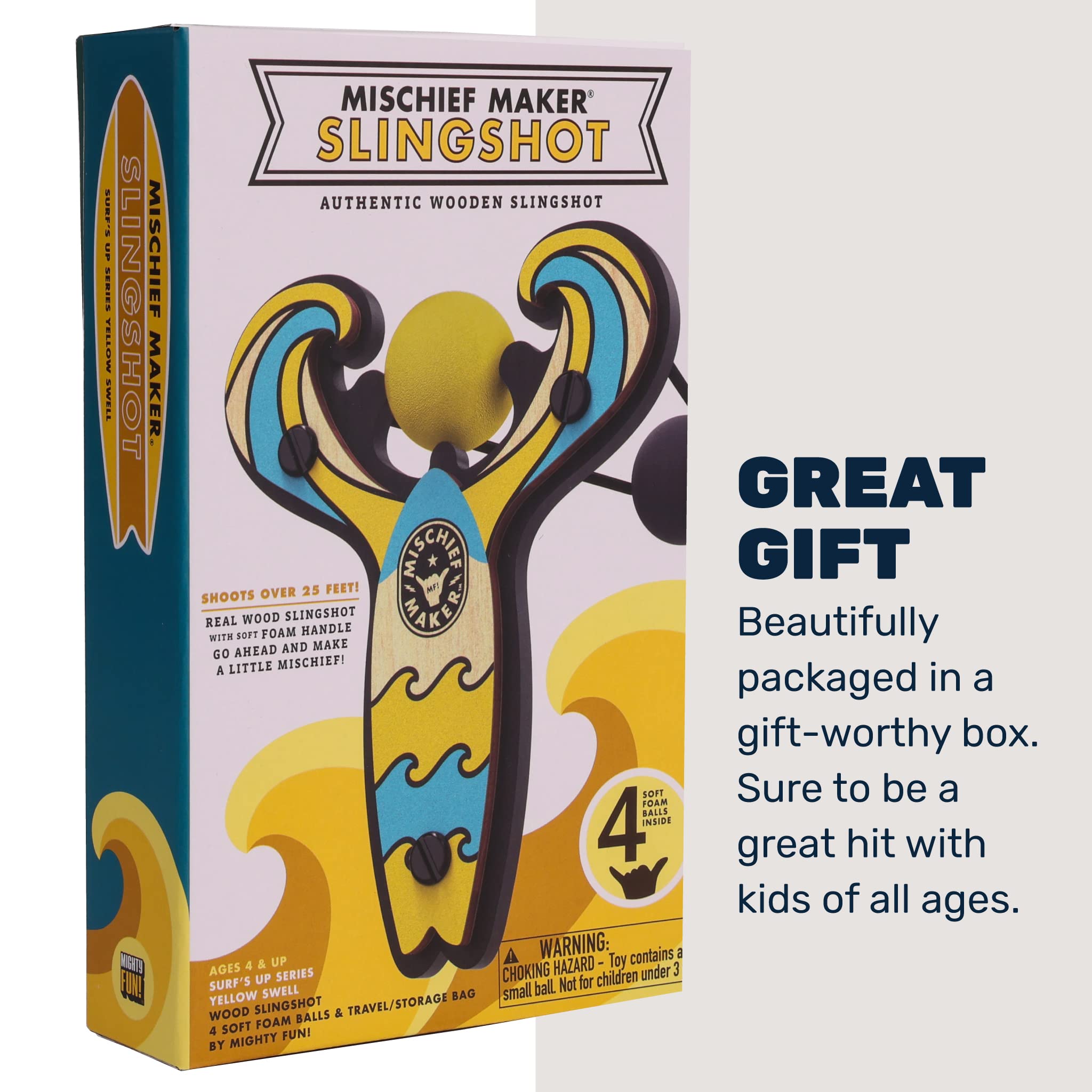 Mischief Maker® Wooden Slingshot - Surf’s Up Series - Real Wood Kids Slingshot with 4 Soft Foam Balls & Storage Bag - Outdoor Toys for Boys Girls Ages 4+ - Perfect for Backyard Games, Beach Fun and Camping Activities