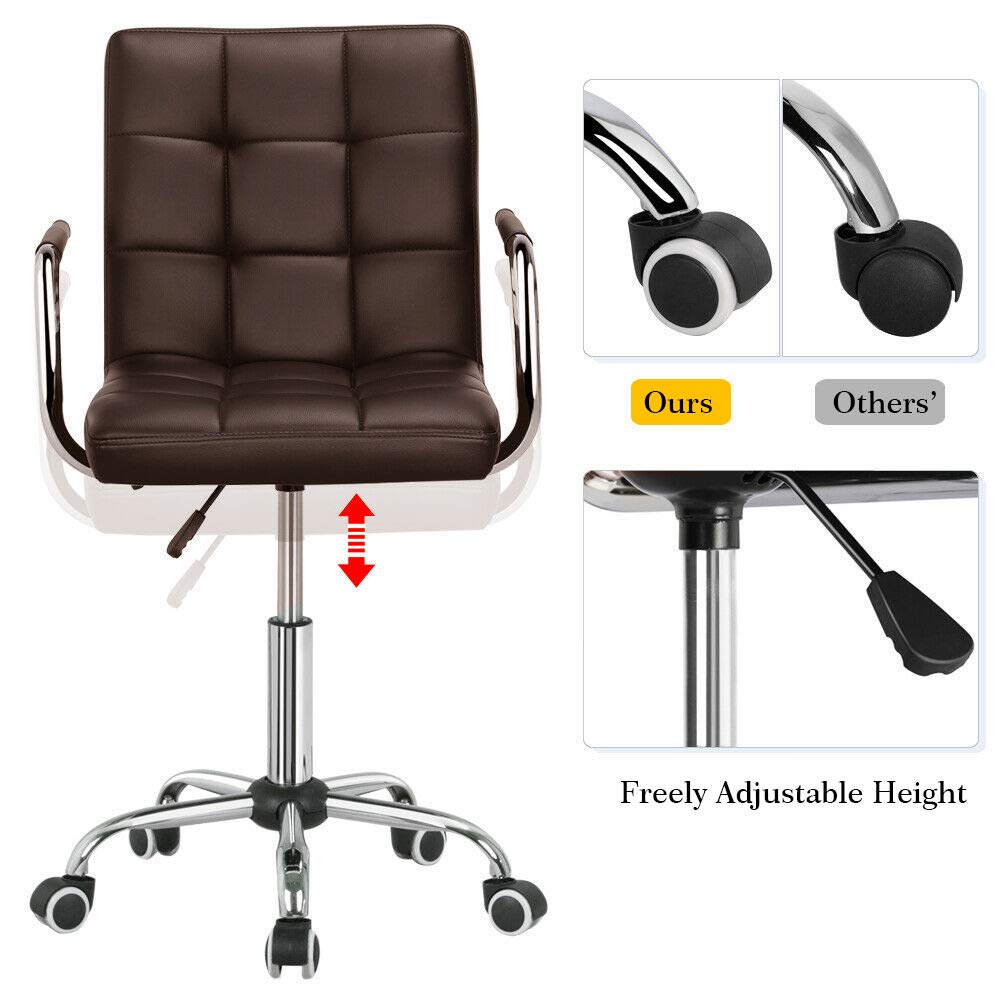 Modern Mid-Back Ribbed PU Leather Office Chair - Adjustable Executive Desk Chair with Wheels & Armrests for Home, Office, Kitchen Counter or Bar Use (Brown) - Ergonomic Computer Chair for Comfortable Working & Studying