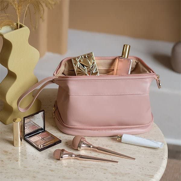 Large Capacity Waterproof Leather Makeup Bag Organizer - Travel Cosmetic Case for Women, Double Pink - Perfect for Travel, Gym & Daily Essentials Storage