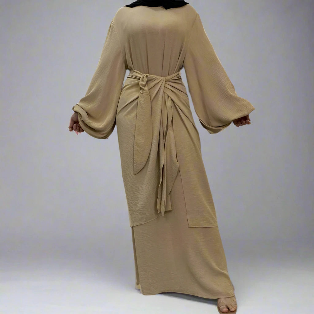 Elegant Solid Color Muslim Women's Abaya Dress with Mid Wrap - Modest Islamic Prayer Dress for Daily Wear & Special Occasions