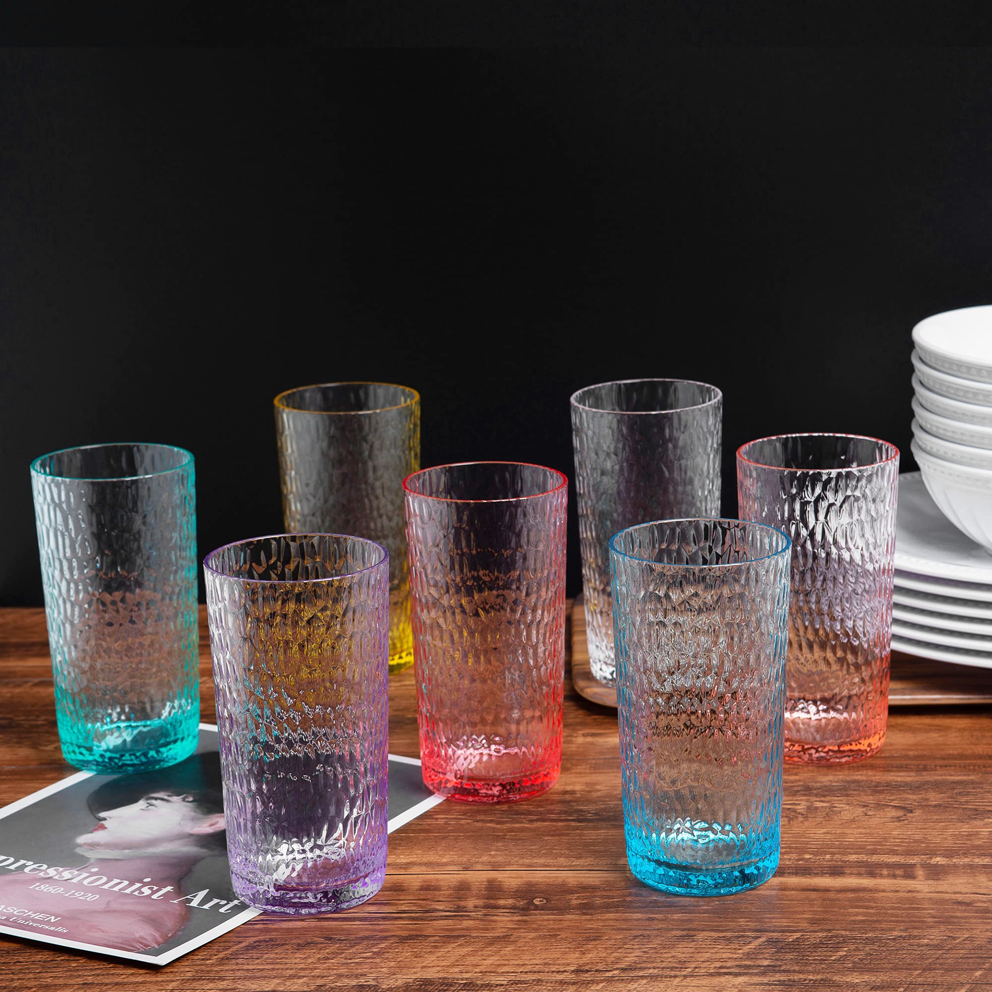 KX-WARE 22oz Honeycomb Design Plastic Highball Glasses - Set of 6 Clear Acrylic Tumblers for Cocktails, Iced Coffee & Party Drinks