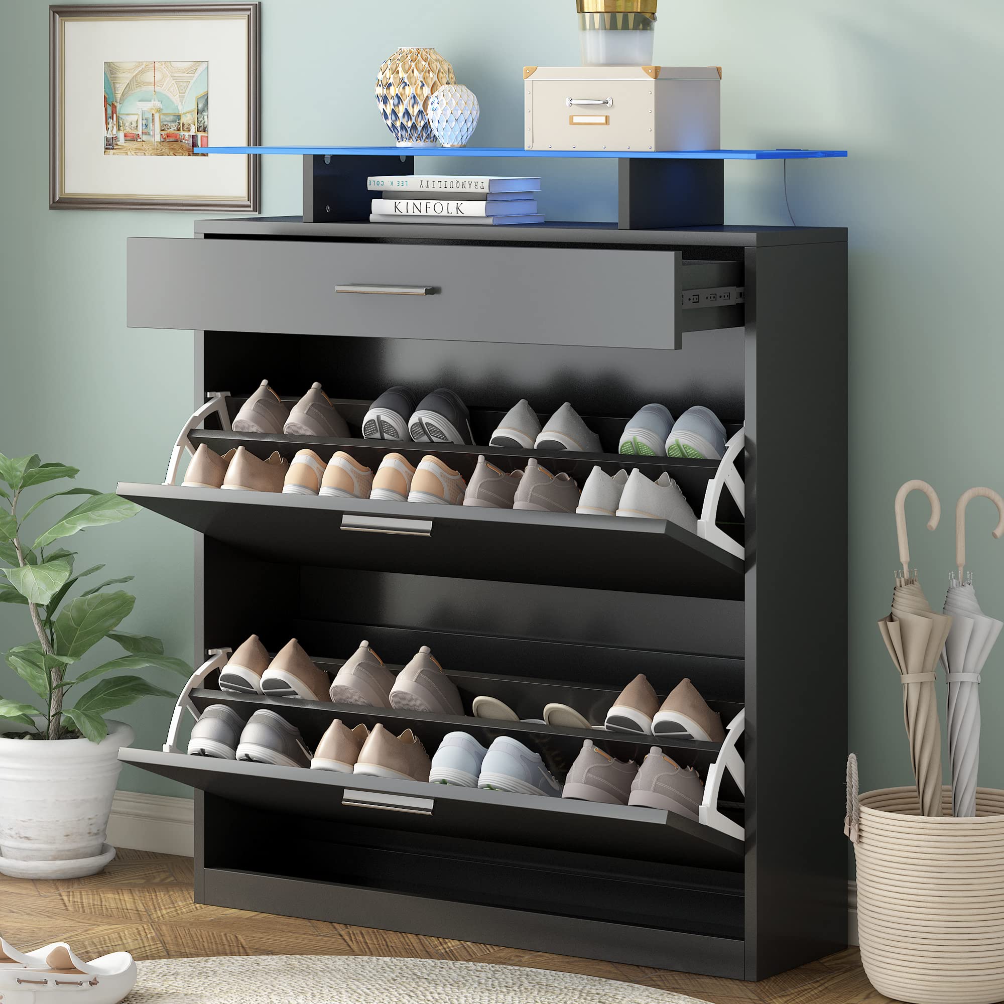 Modern Slim Entryway Shoe Cabinet with 2 Flip Drawers & LED Lights - Tempered Glass Top Shoe Storage Organizer with Open Shelves - Freestanding Shoe Rack for Hallway, Living Room, Bedroom - Space-Saving Home Organization Solution for Small Apartments & Entryways