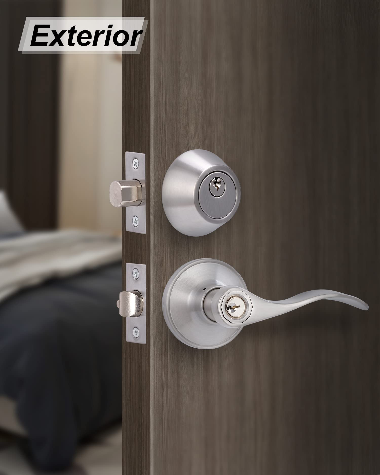Keyed Alike Front Door Lever Lockset with Single Cylinder Deadbolt - Exterior Door Knob with Lock & Deadbolt in Satin Nickel Finish | Secure Your Home, Office or Rental Property Entrance