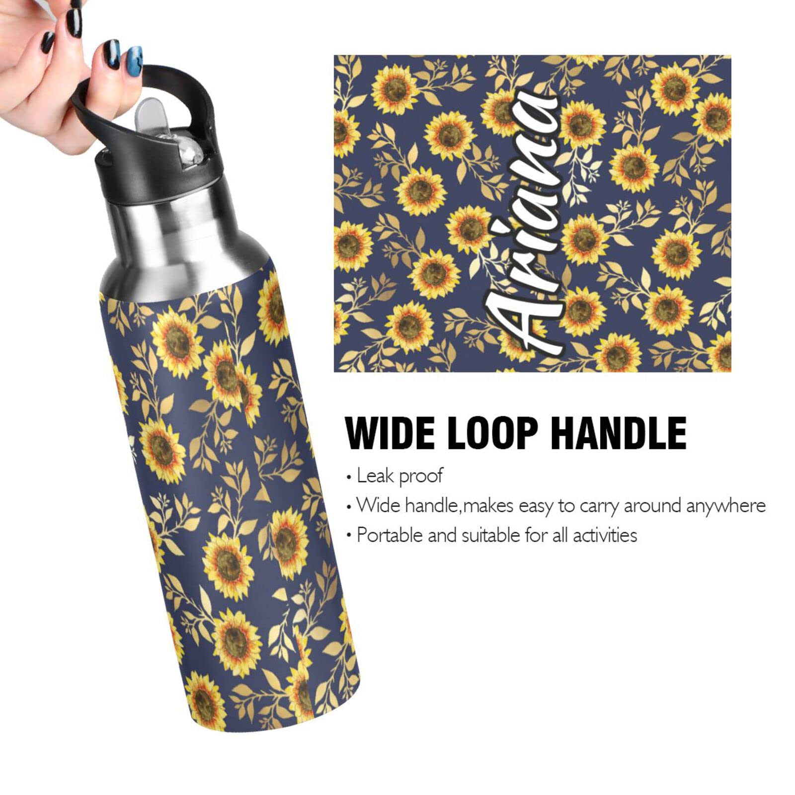 **Personalized 33oz Stainless Steel Insulated Water Bottle with Straw Lid - Custom Sunflower Design, Double Wall Vacuum Insulation for Travel, Gym & Outdoor Activities**