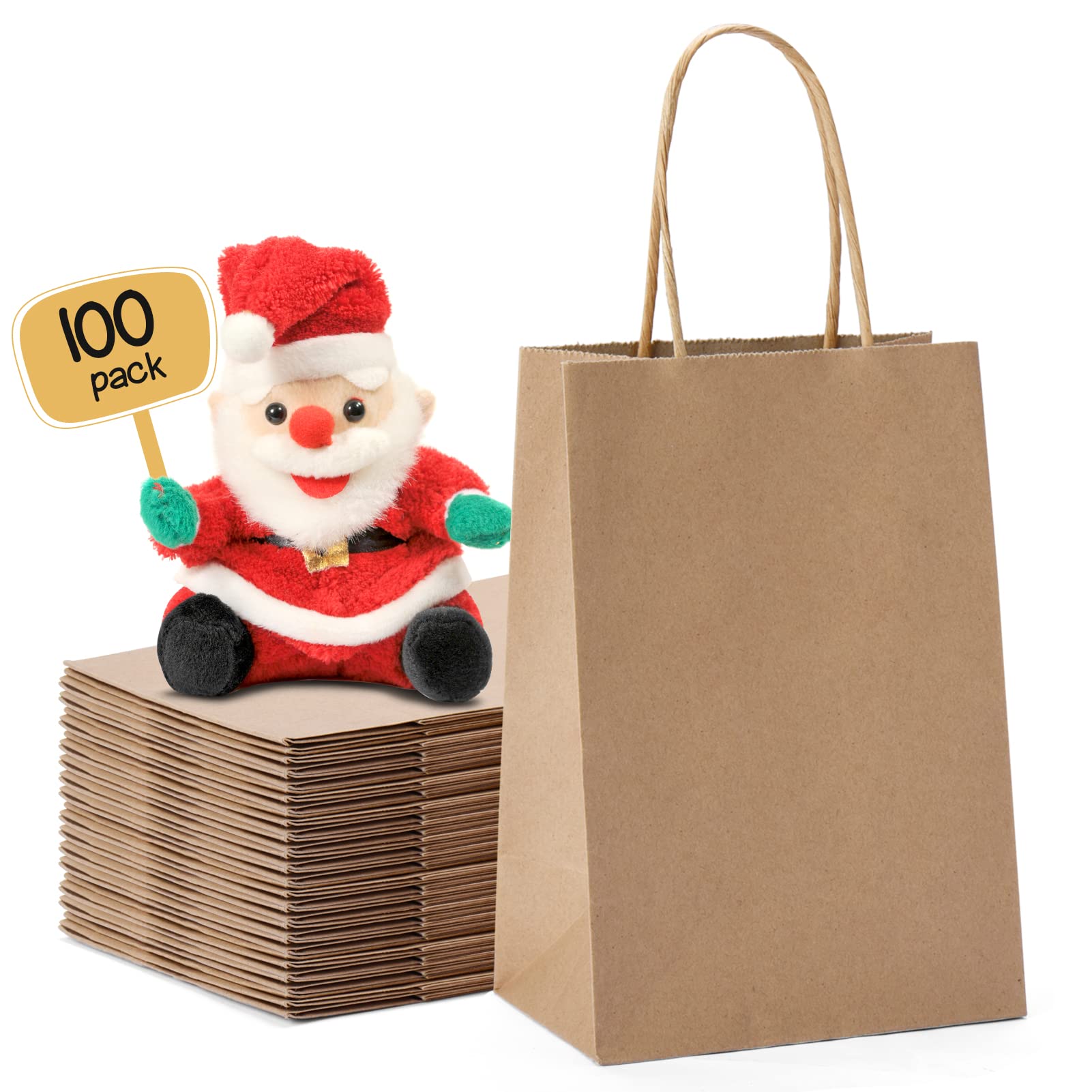 METRONIC 100Pcs Brown Kraft Paper Bags with Handles 5.25x3.75x8 Inches - Bulk Eco-Friendly Gift Bags for Small Business, Birthday, Wedding, Christmas & Retail Shopping - Perfect for Party Favors, Corporate Gifts & Store Packaging