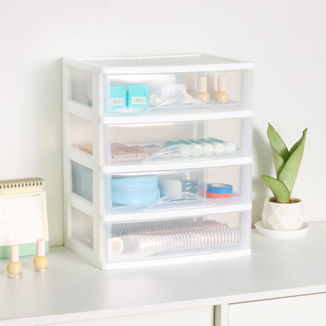 BYCY 4-Drawer Plastic Stackable Storage Organizer - White Bathroom Makeup & Desk Organizer with Wide Clear Drawers - Easy Assembly for Fridge, Bathroom, Cabinet - Perfect for Cosmetics, Office Supplies & Kitchen Storage Organization