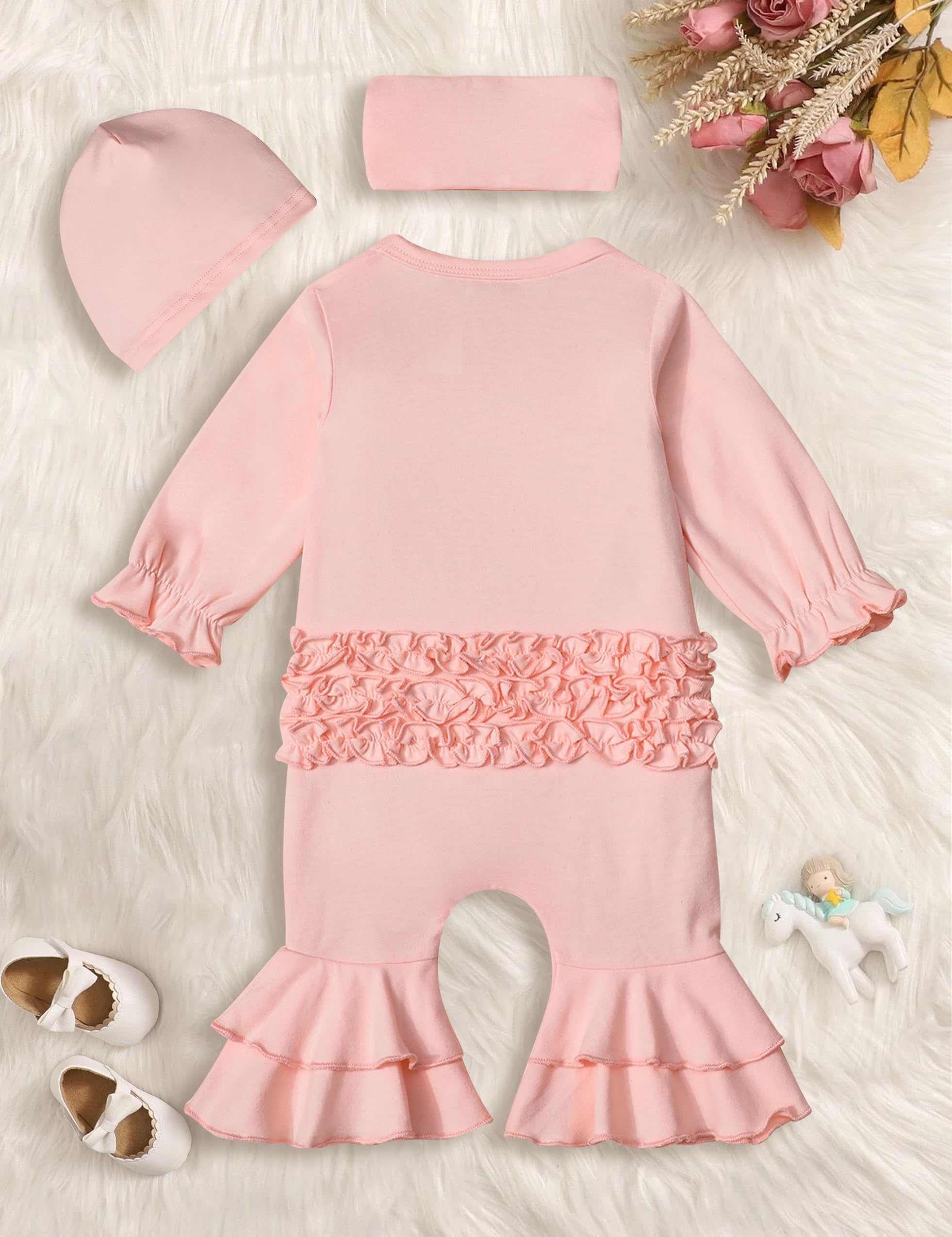 Newborn Girl Clothes - Ruffle Letter Print Romper & Bell Bottom Jumpsuit with Headband Hat | Boho Style Baby Outfit for Photoshoots, Parties & Special Occasions